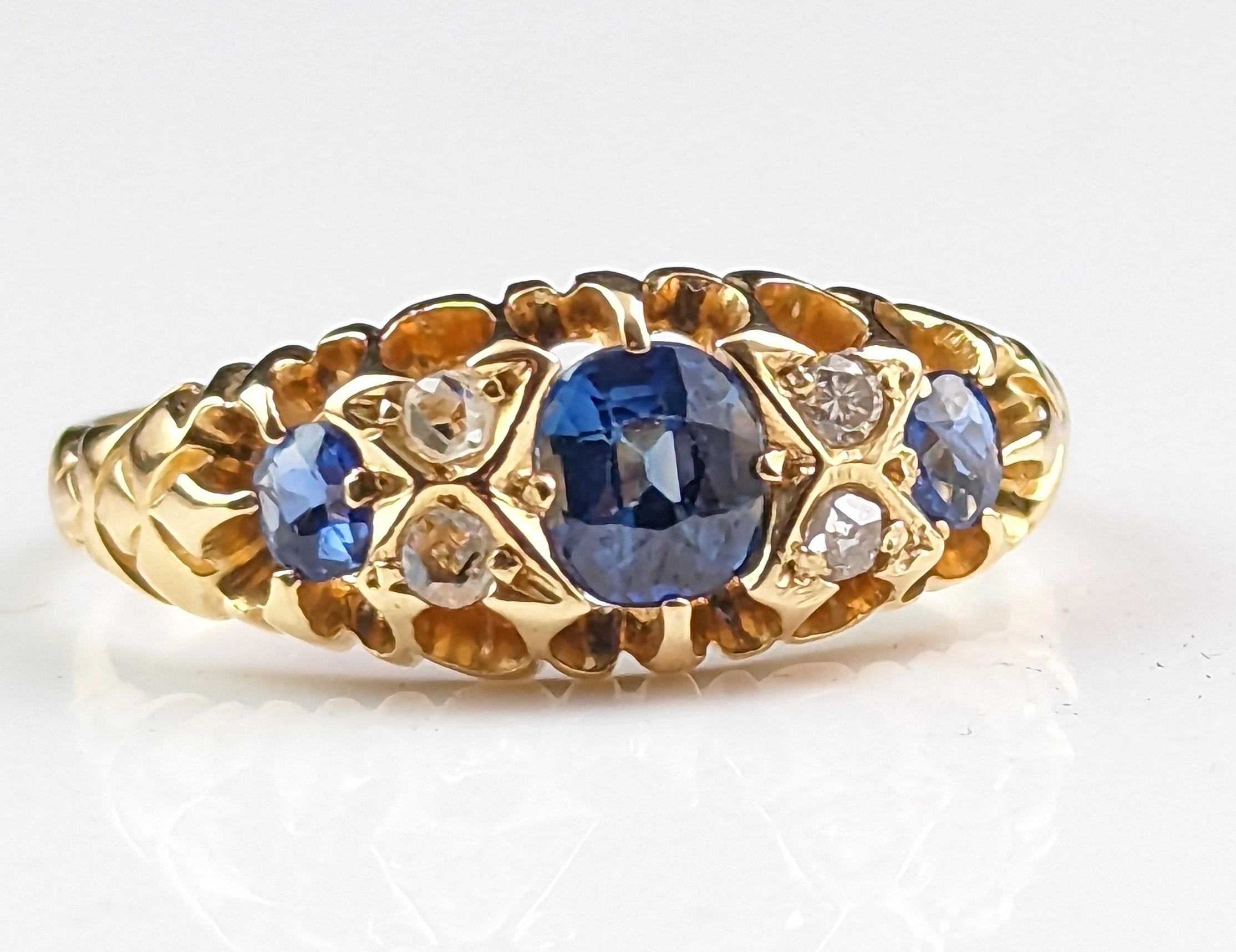 Antique Sapphire and Diamond Ring, 18k Yellow Gold, Victorian 7