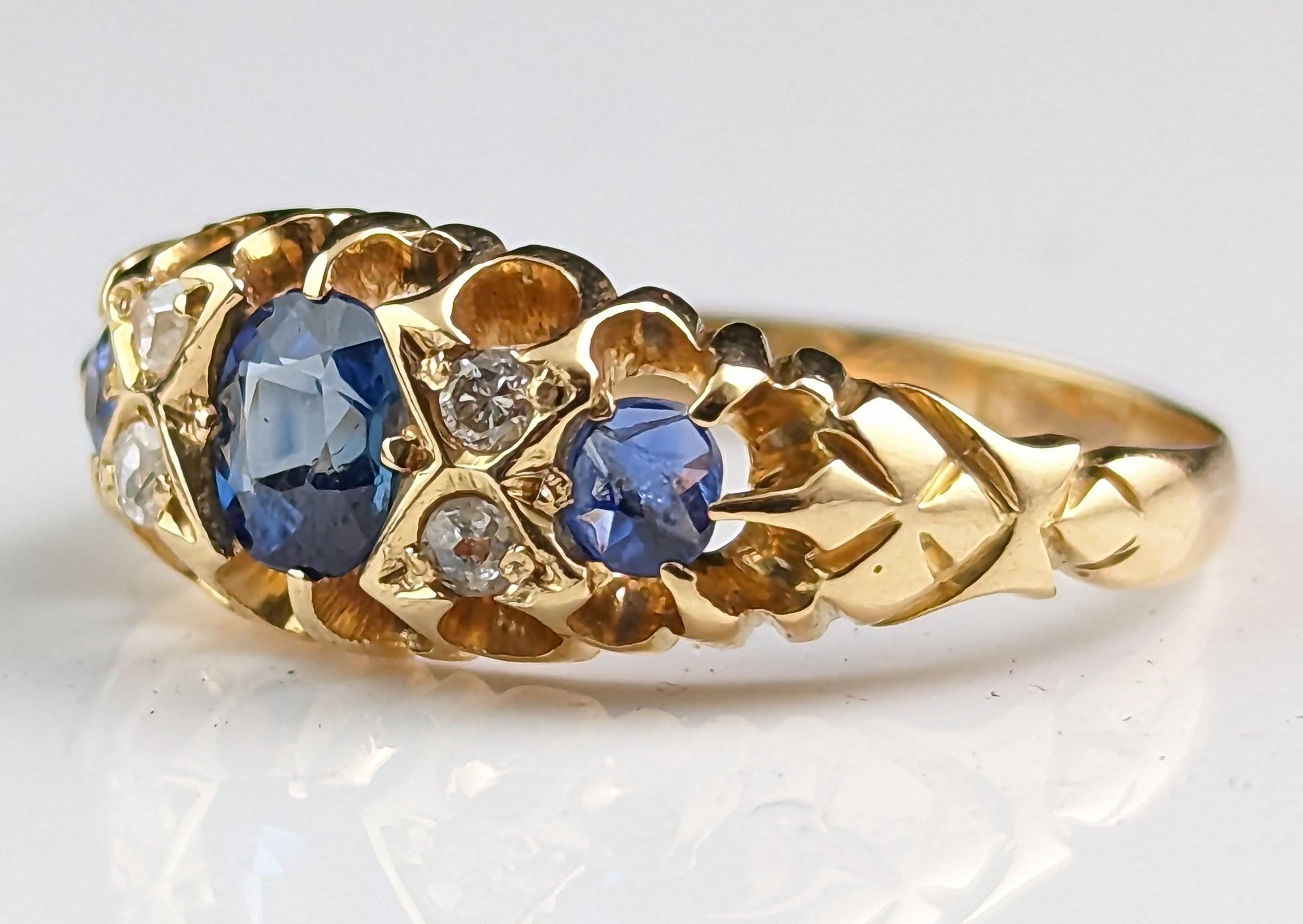 Antique Sapphire and Diamond Ring, 18k Yellow Gold, Victorian 8