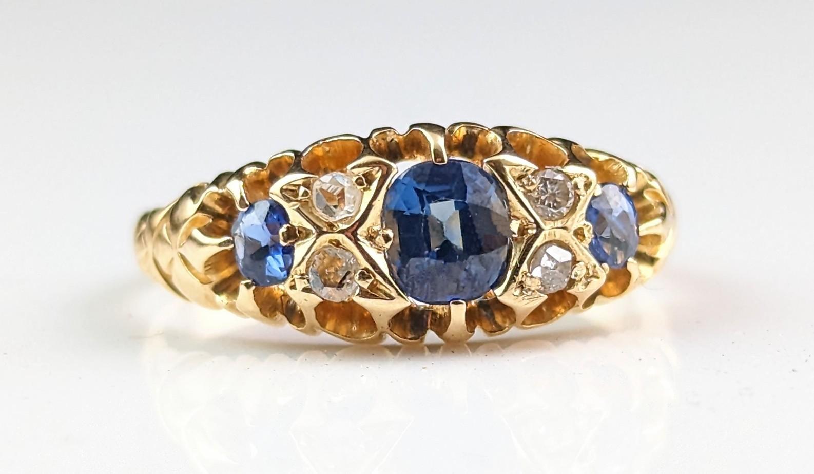 Antique Sapphire and Diamond Ring, 18k Yellow Gold, Victorian 1