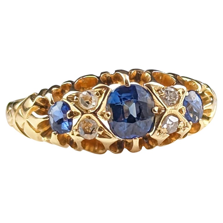 Antique Sapphire and Diamond Ring, 18k Yellow Gold, Victorian For Sale at 1stDibs
