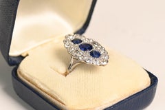 Antique Sapphire and Diamond Ring. Edwardian Navette Halo Diamond Ring Platinum
