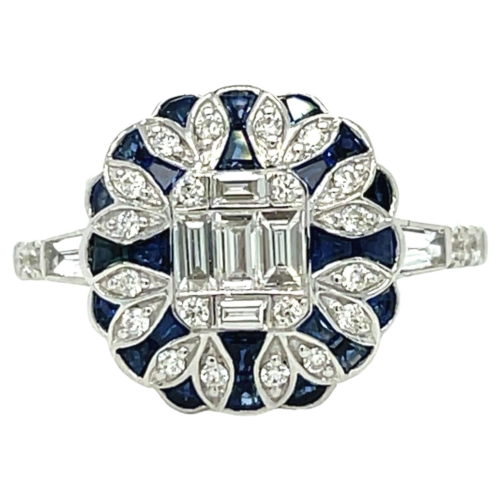Antique Sapphire and Diamond Ring in 18k White Gold For Sale