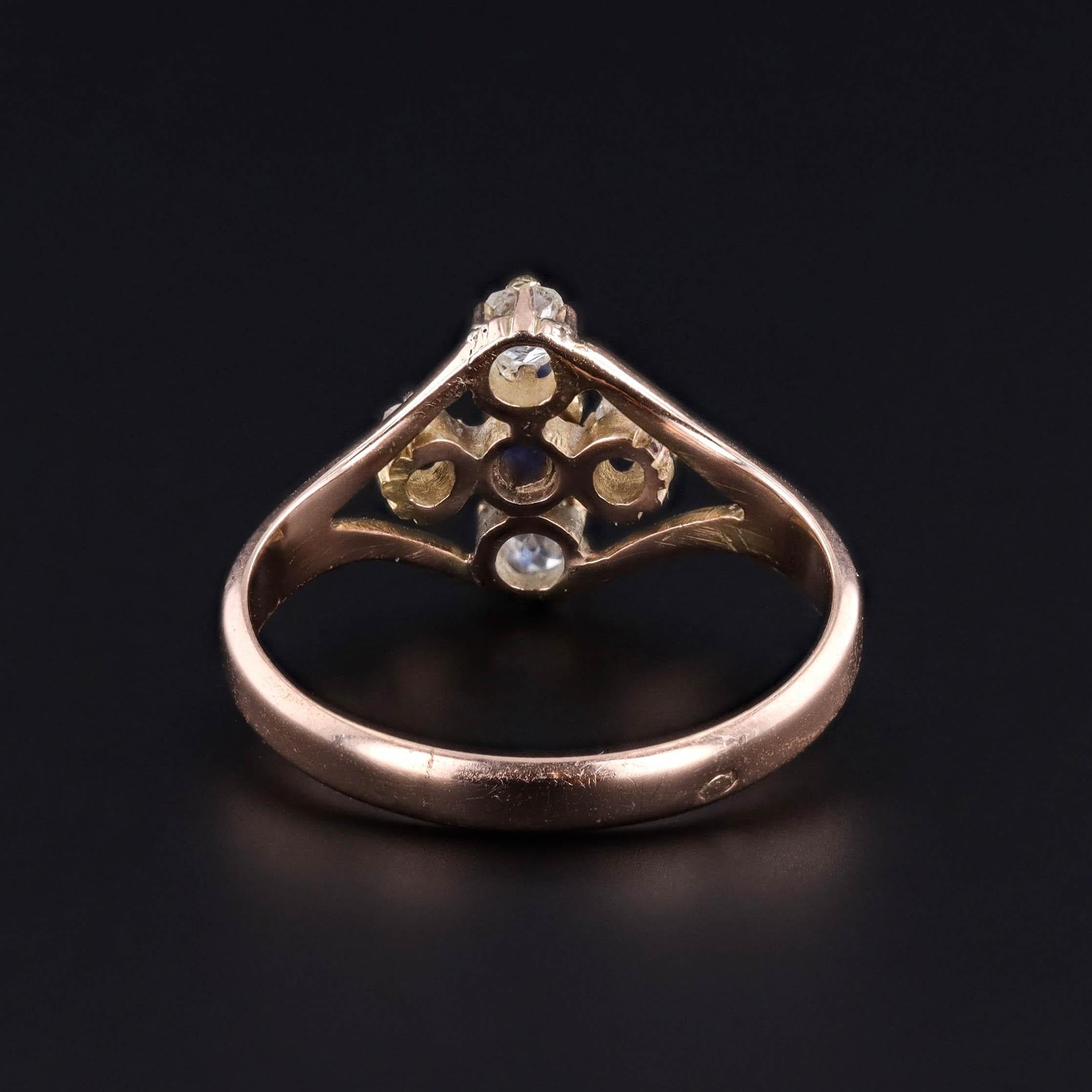 Taglio rotondo Anello antico con zaffiro e diamante in oro 14k in vendita