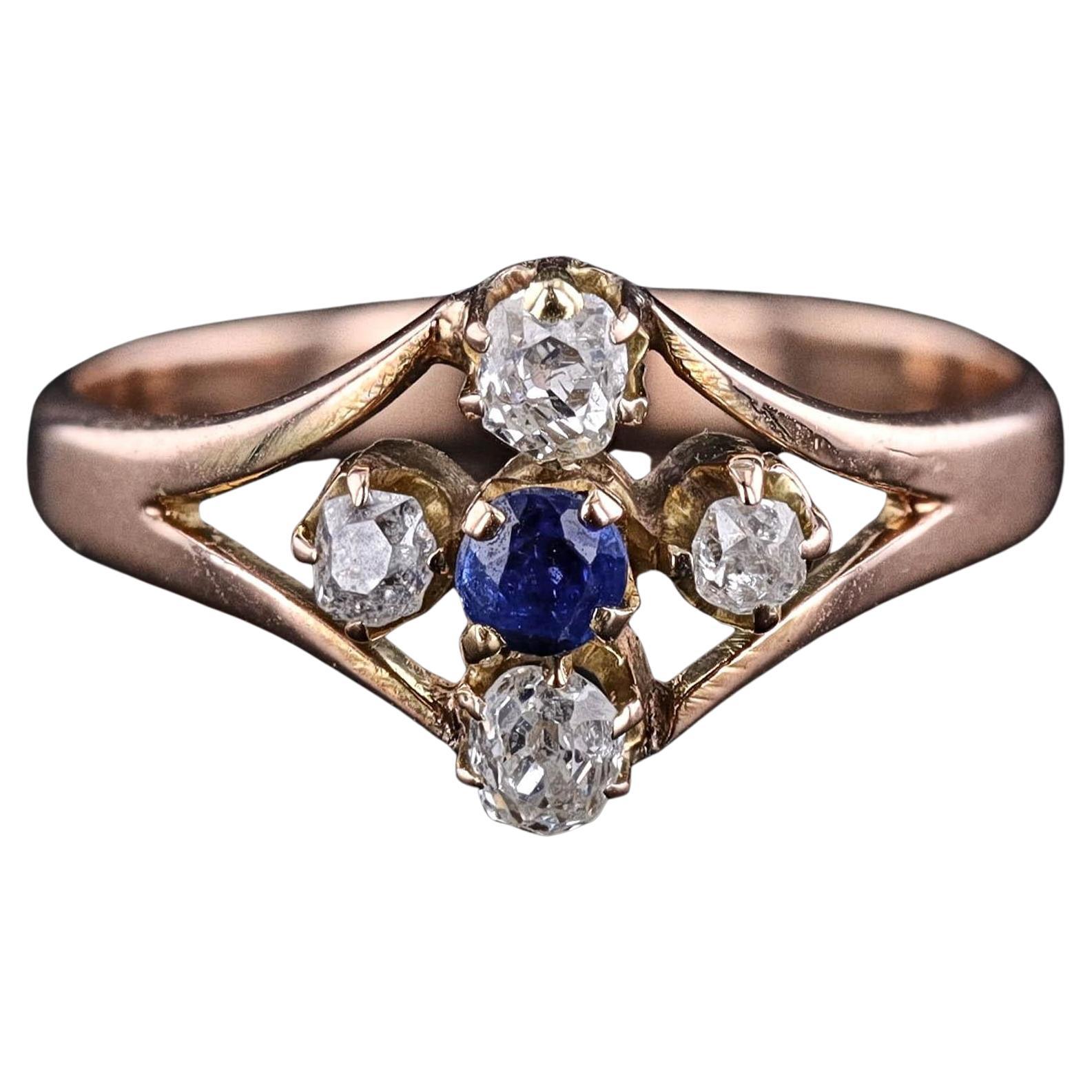 Anello antico con zaffiro e diamante in oro 14k in vendita