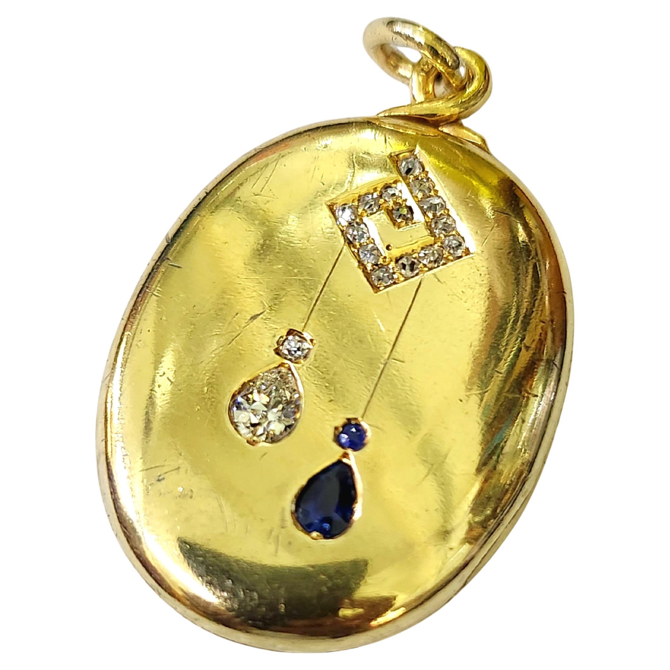 Antiguo Colgante Relicario de Oro Ruso con Zafiro y Diamantes en venta 1