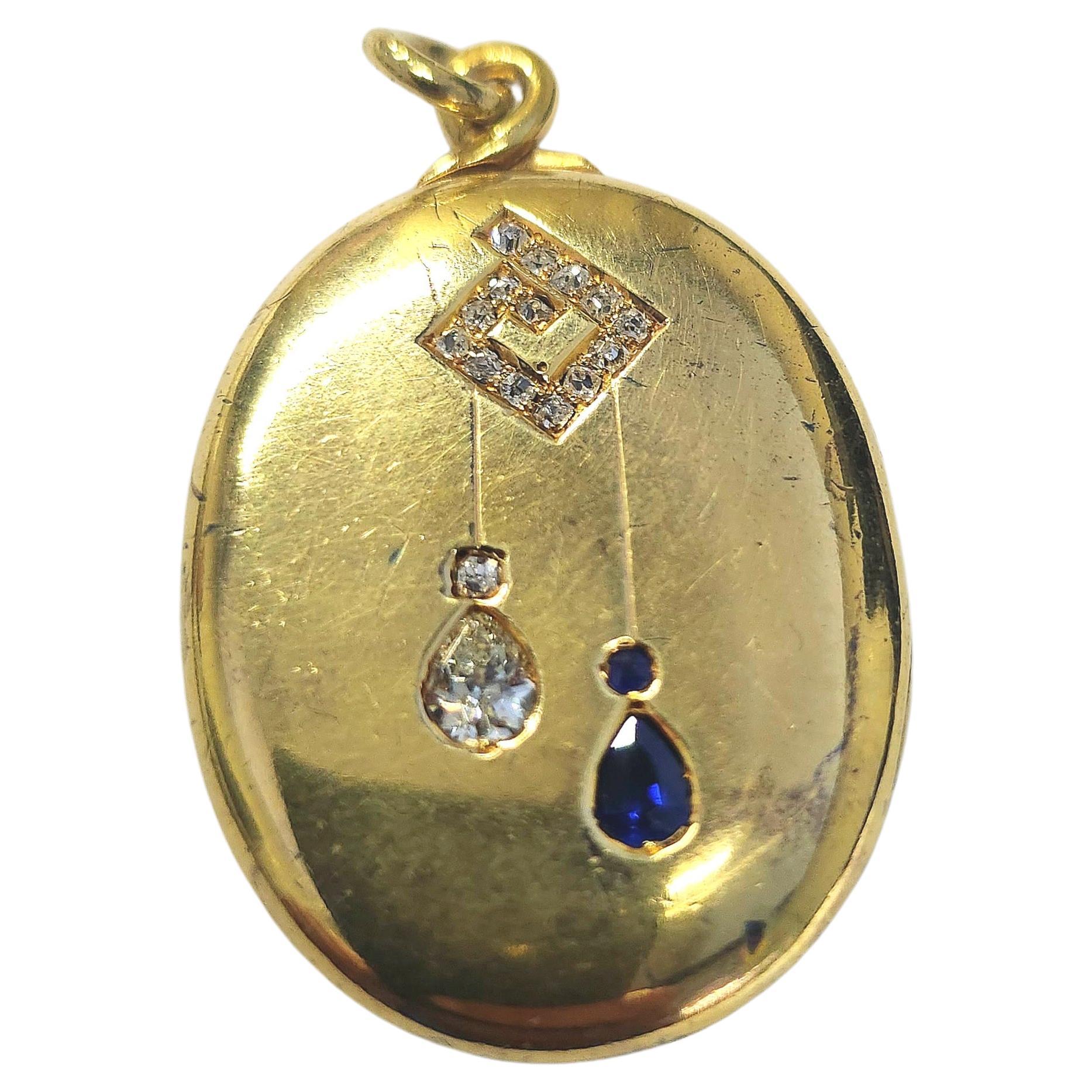 Antique Sapphire And Diamond Russian Gold Locket Pendant For Sale