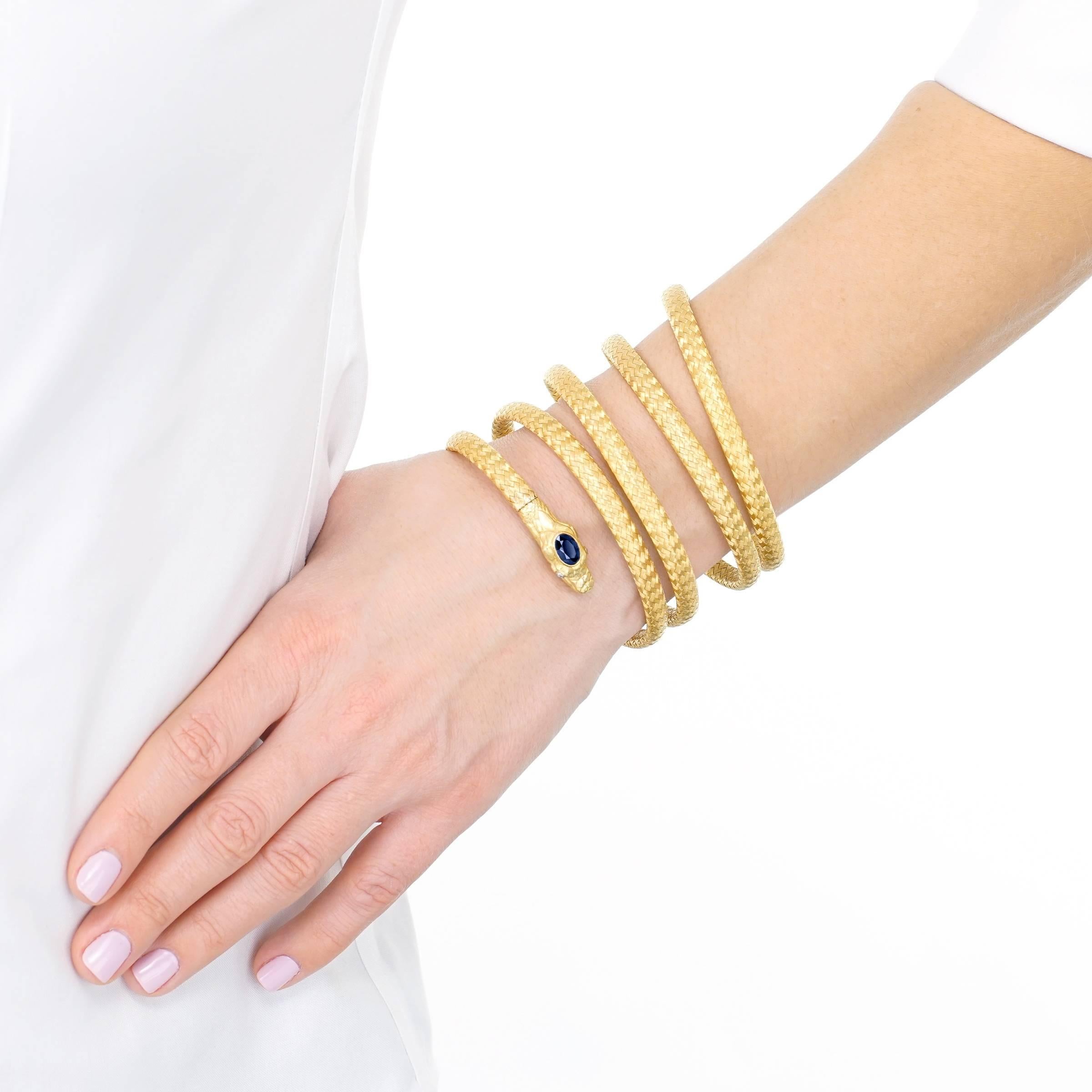 Women's or Men's Antique Sapphire and Diamond Set Gold Flexible Snake Bracelet