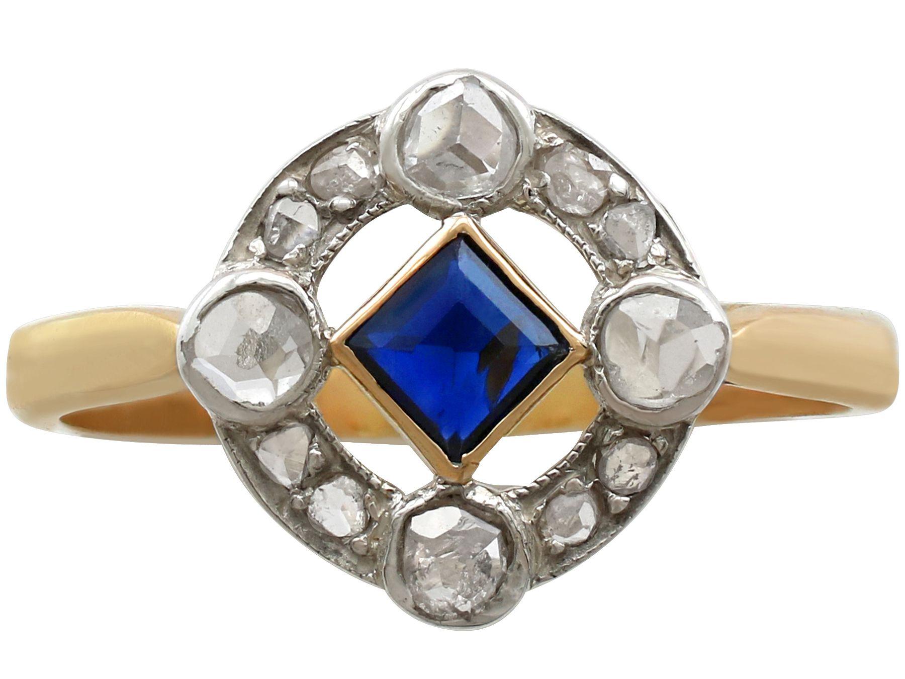 Square Cut Antique Sapphire and Diamond Yellow Gold Cocktail Ring For Sale