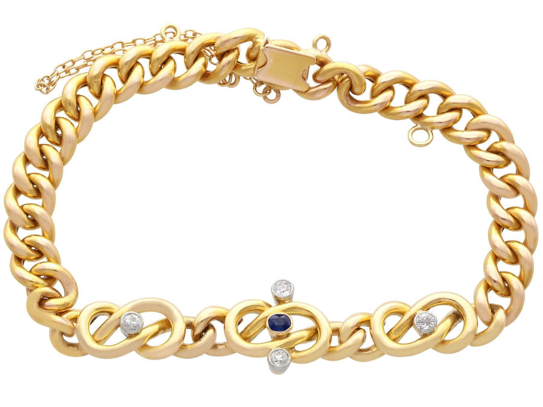 A fine 0.08 carat sapphire and 0.30 carat diamond, 18 karat yellow gold and 18 karat white gold curb bracelet; part of our diverse jewelry collections.

This fine and impressive curb bracelet has been crafted in 18k yellow gold with 18k white gold