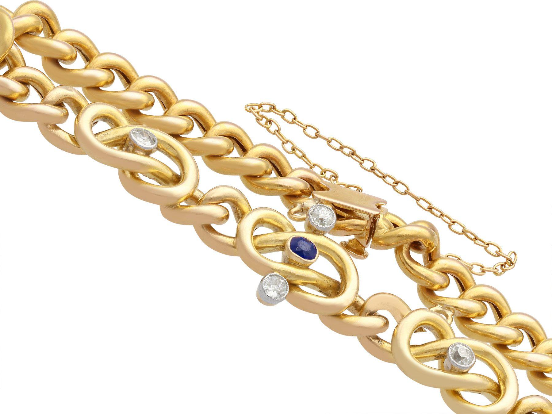 Old European Cut Antique Sapphire and Diamond Yellow Gold Curb Bracelet For Sale