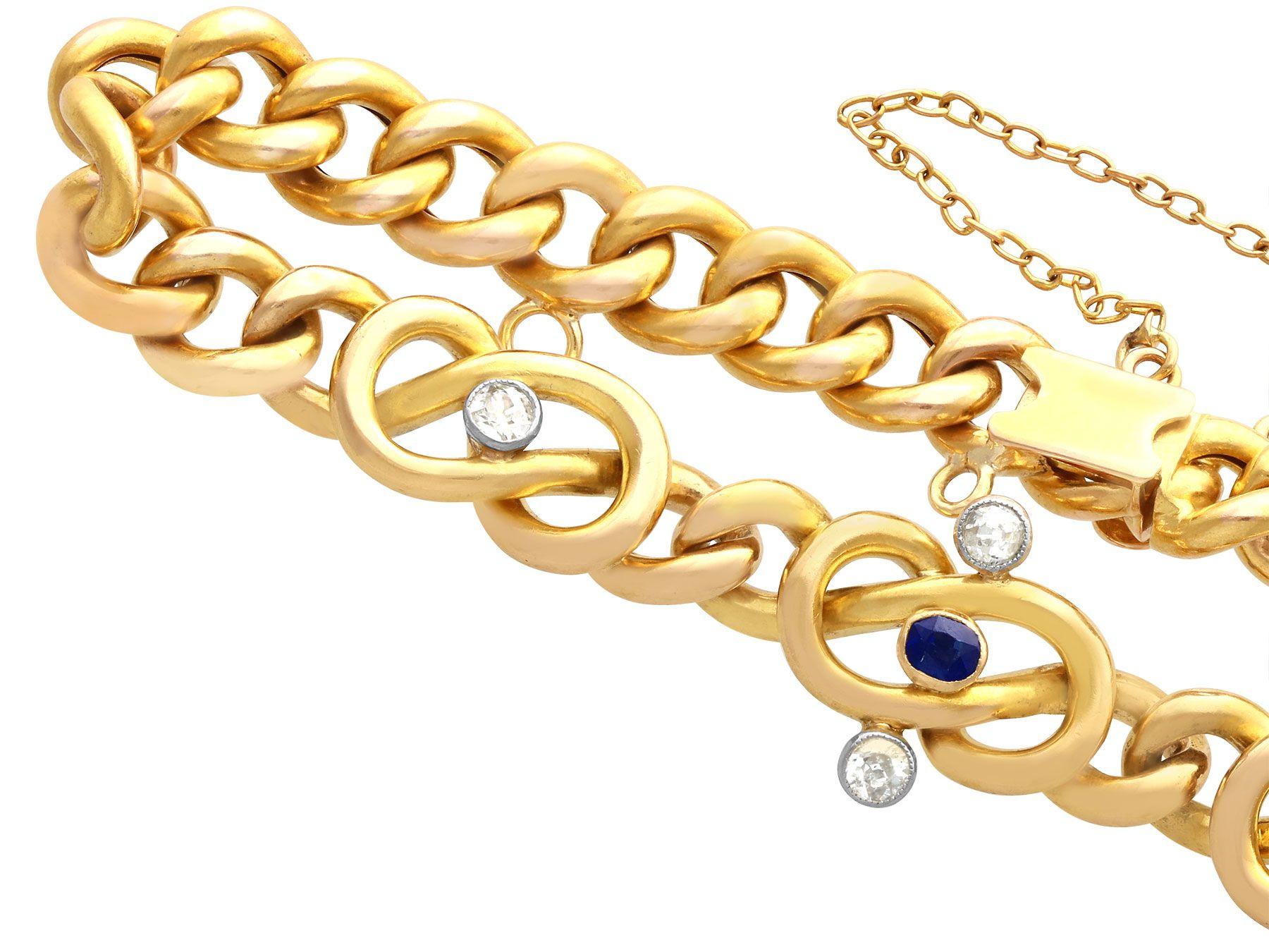 Antique Sapphire and Diamond Yellow Gold Curb Bracelet In Excellent Condition For Sale In Jesmond, Newcastle Upon Tyne