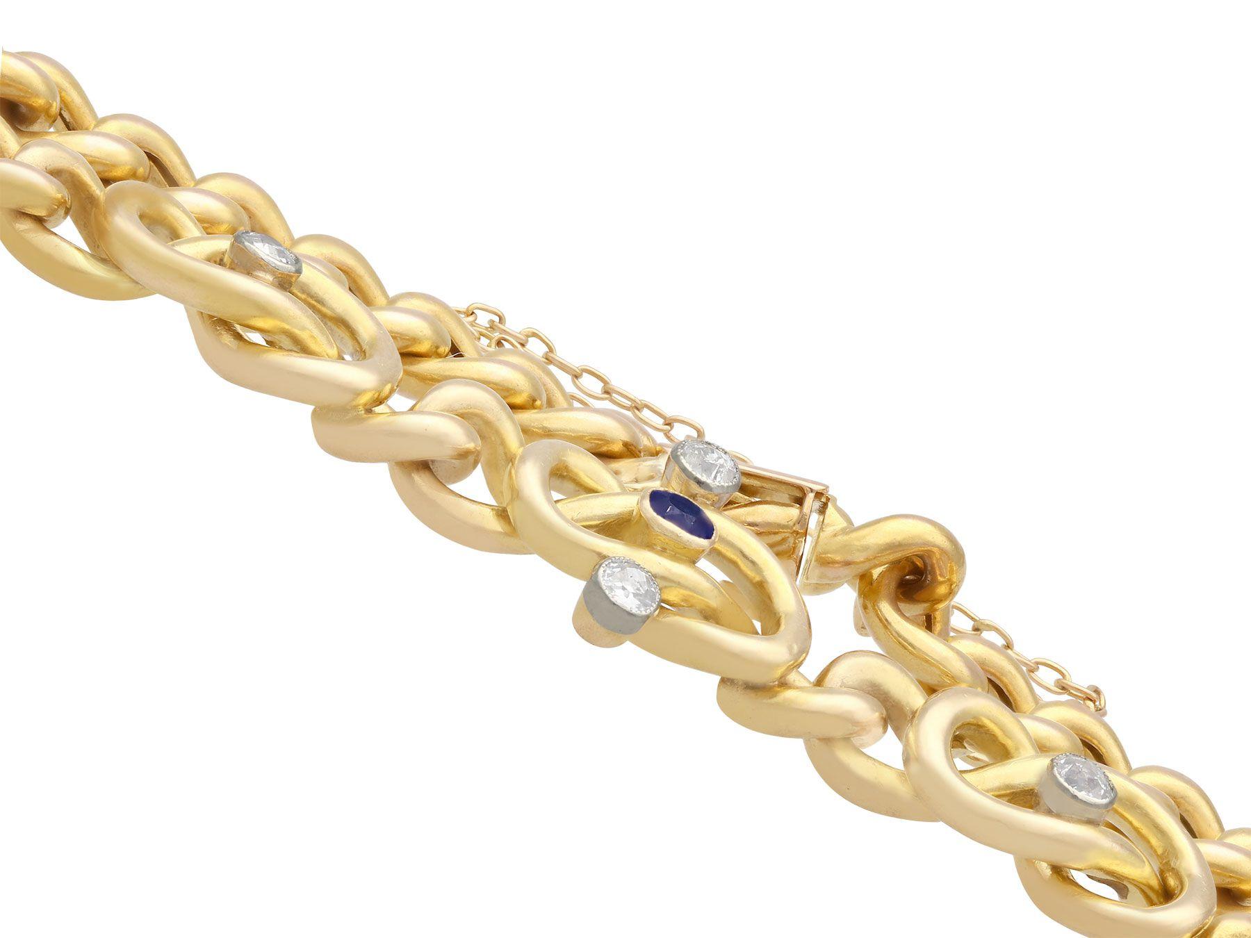 Women's or Men's Antique Sapphire and Diamond Yellow Gold Curb Bracelet For Sale
