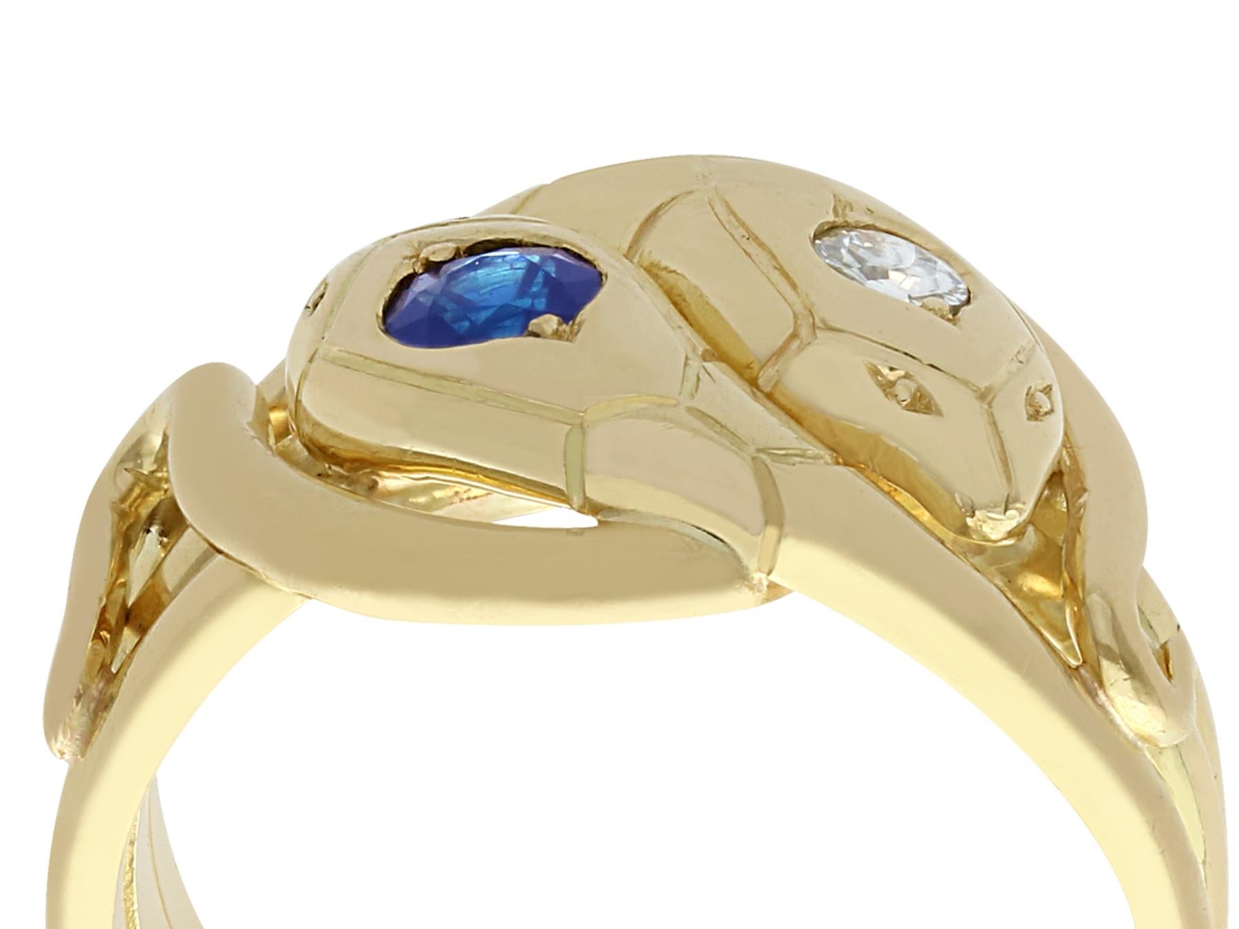 An exceptional antique European 0.28 carat sapphire and 0.10 carat diamond, 18 karat yellow gold snake ring; part of our diverse antique jewelry collections.

This exceptional, fine and impressive antique snake ring has been crafted in 18k yellow