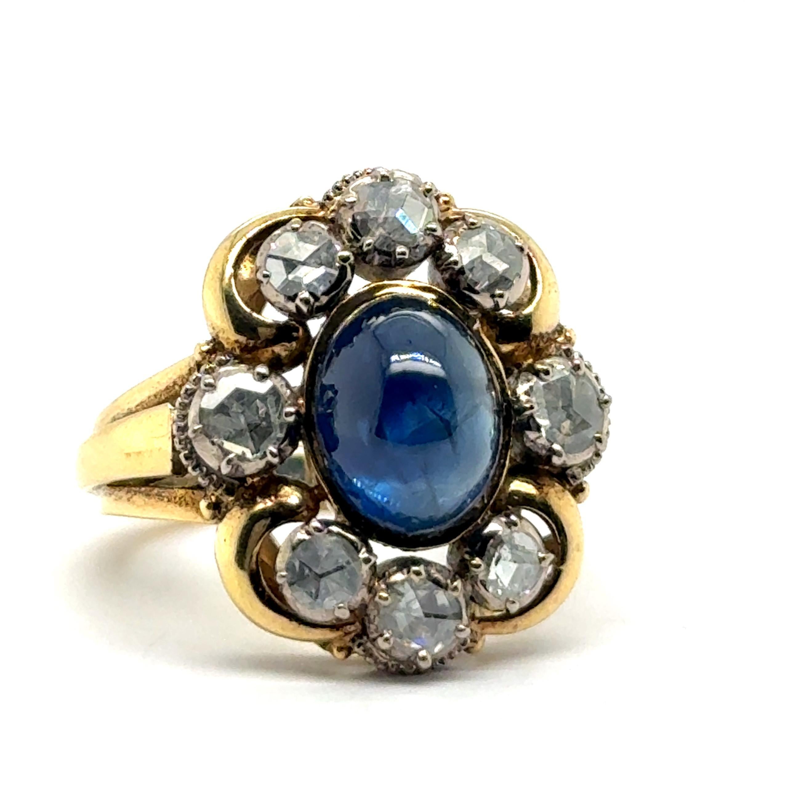 Antiker Saphir und Diamanten Ring in 18 Karat Gelb- und Weißgold (Romantik)
