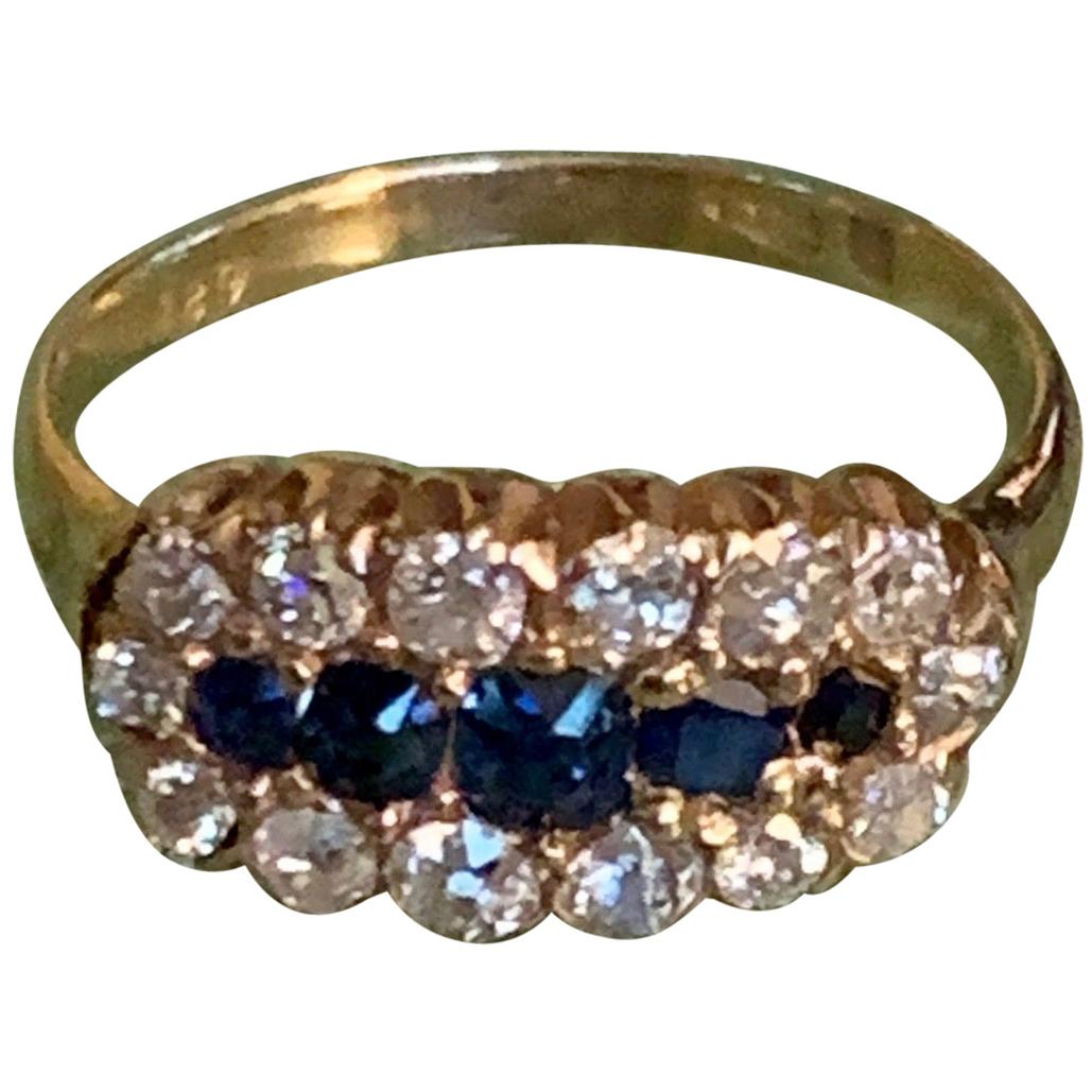 Antique Sapphire and Mine Cut Diamond 18 Karat Yellow Gold Ring - Size 7