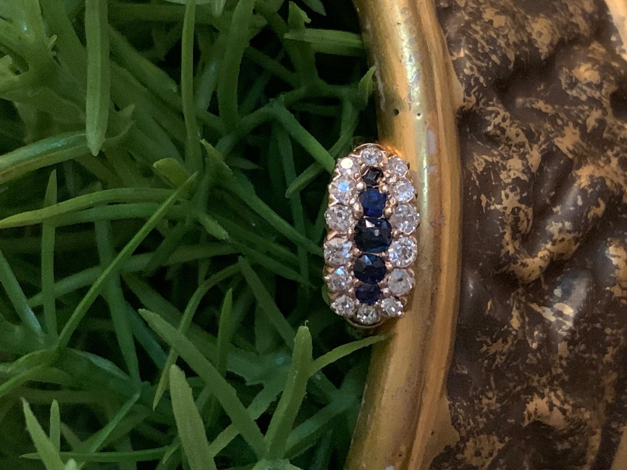 Old Mine Cut Antique Sapphire and Mine Cut Diamond 18 Karat Yellow Gold Ring - Size 7