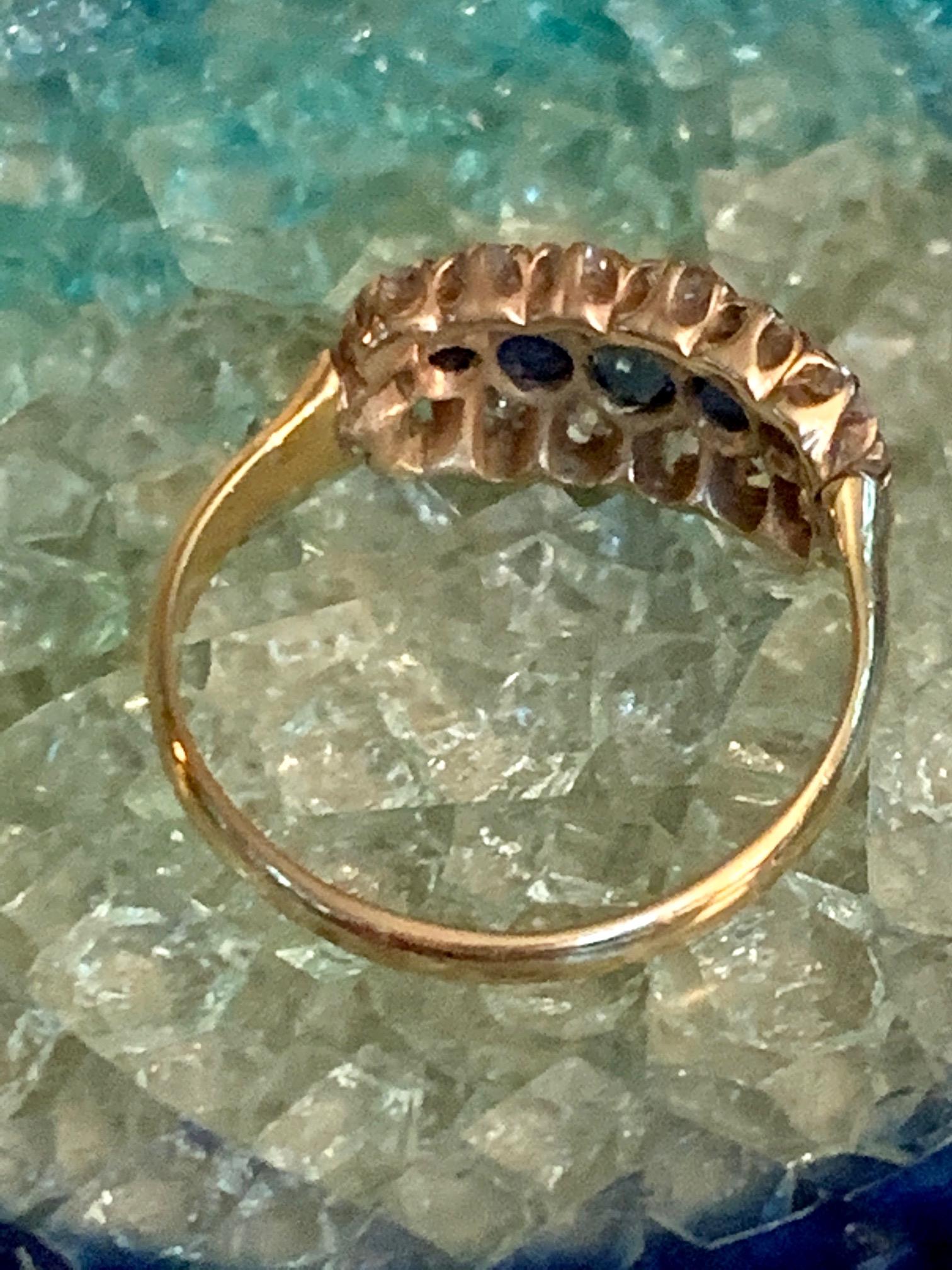 Antique Sapphire and Mine Cut Diamond 18 Karat Yellow Gold Ring - Size 7 In Good Condition In St. Louis Park, MN