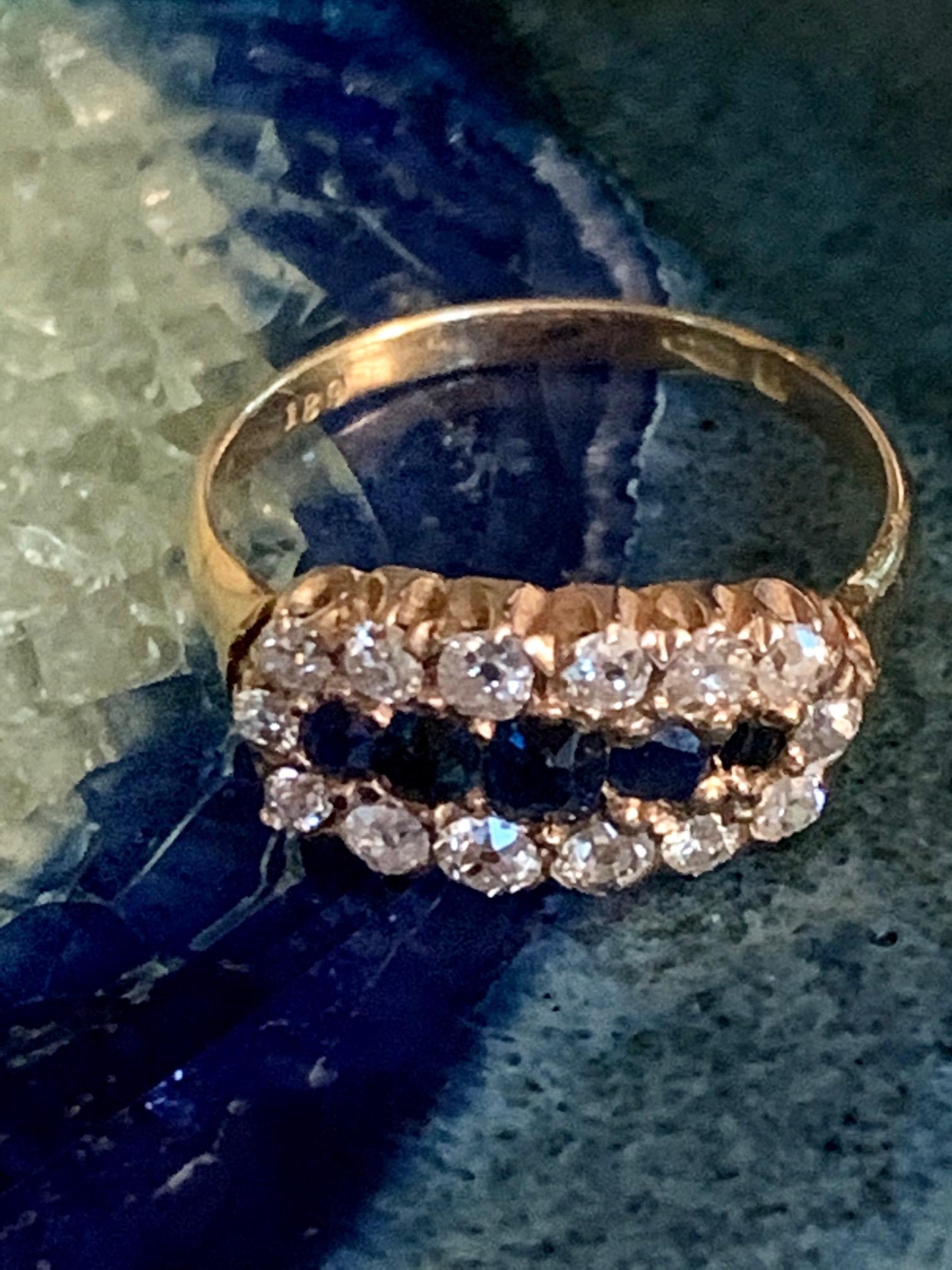 Antique Sapphire and Mine Cut Diamond 18 Karat Yellow Gold Ring - Size 7 1