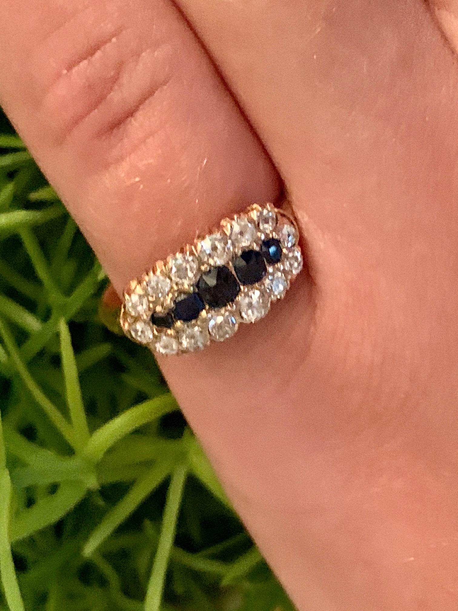 Antique Sapphire and Mine Cut Diamond 18 Karat Yellow Gold Ring - Size 7 4