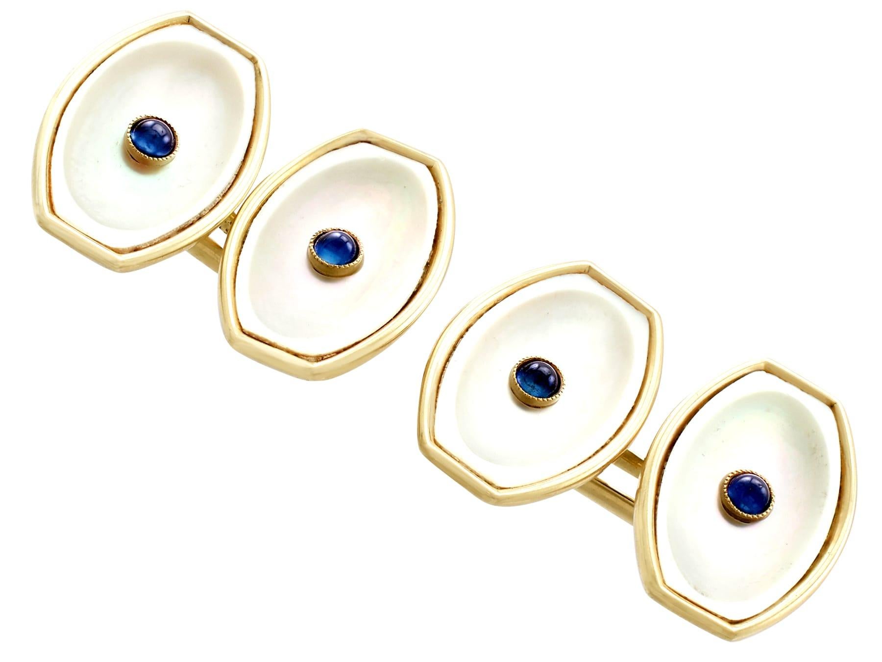 Cabochon Antique Sapphire and Mother of Pearl Yellow Gold Cufflinks Circa 1920 For Sale