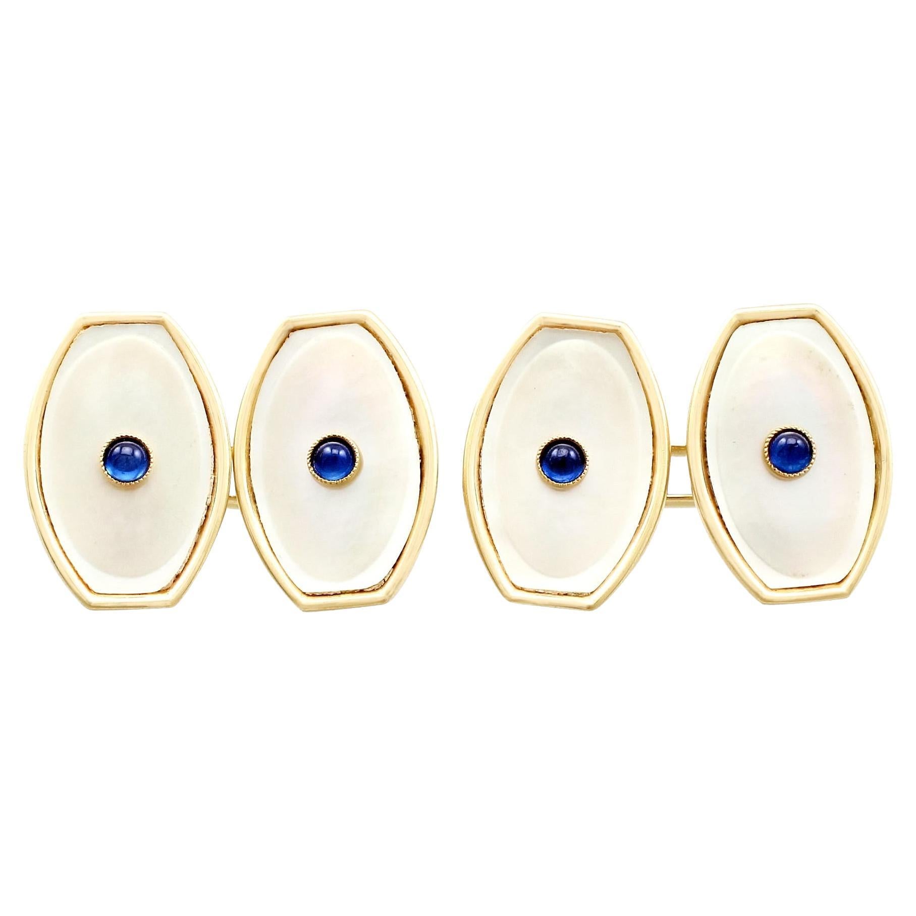 Antique Sapphire and Mother of Pearl Yellow Gold Cufflinks Circa 1920