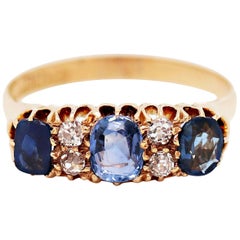Antique Sapphire and Old Cut Diamond 18 Carat Yellow Gold Ring, 1914