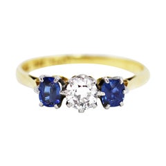 Antique Sapphire and Old Cut Diamond 3-Stone 18ct Gold and Platinum Ring, c.1920