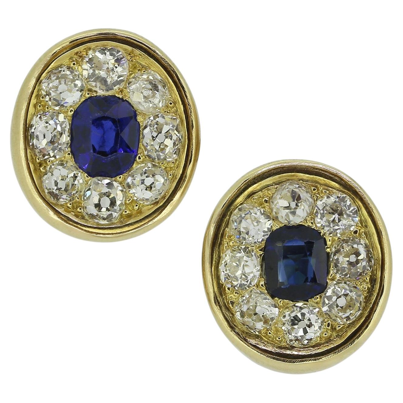 Antique Sapphire and Old Cut Diamond Stud Earrings