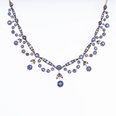 Antique Sapphire and Old European Cut Diamond Silver/18k Necklace circa 1890