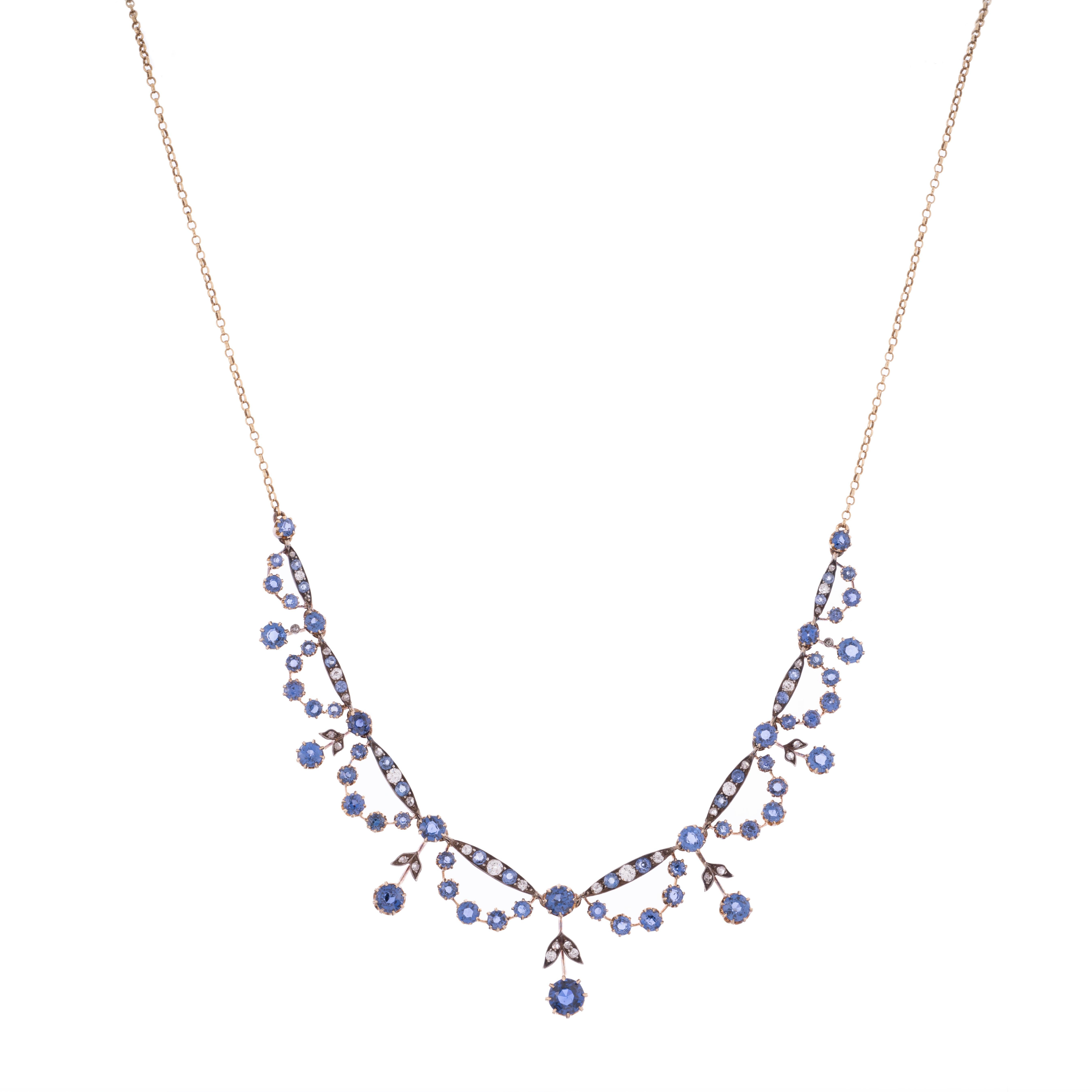 Antique Sapphire and Old European Cut Diamond Silver/18k Necklace circa 1890 In Excellent Condition In Carmel-by-the-Sea, CA