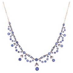 Antique Sapphire and Old European Cut Diamond Silver/18k Necklace circa 1890