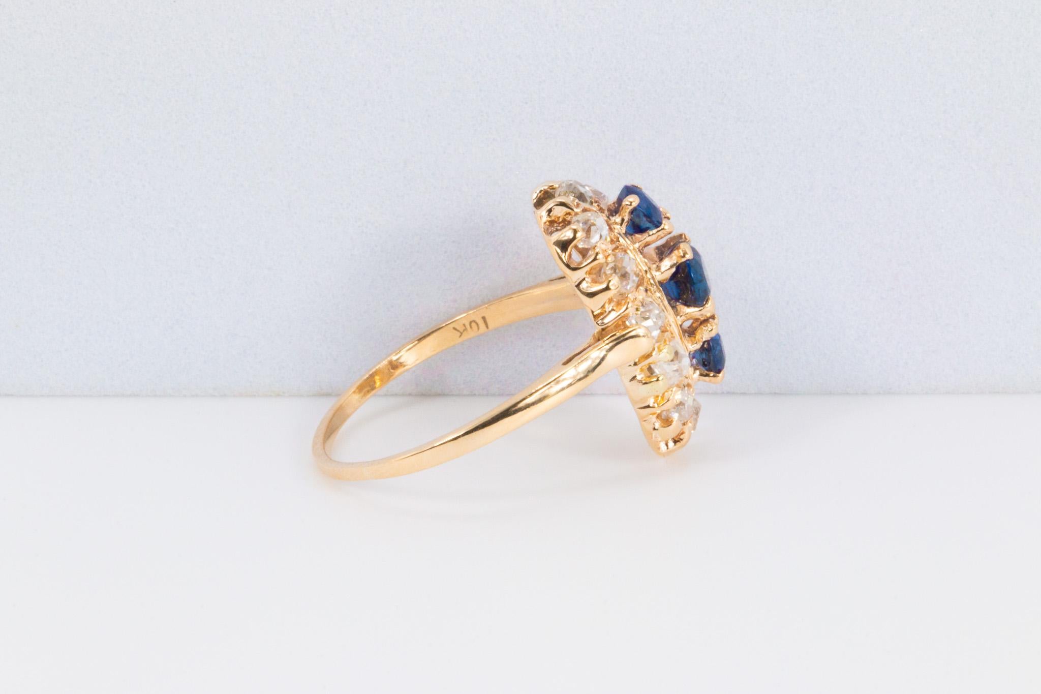 Taille vieille mine Saphir ancien et diamants taille ancienne en or jaune 10K en vente