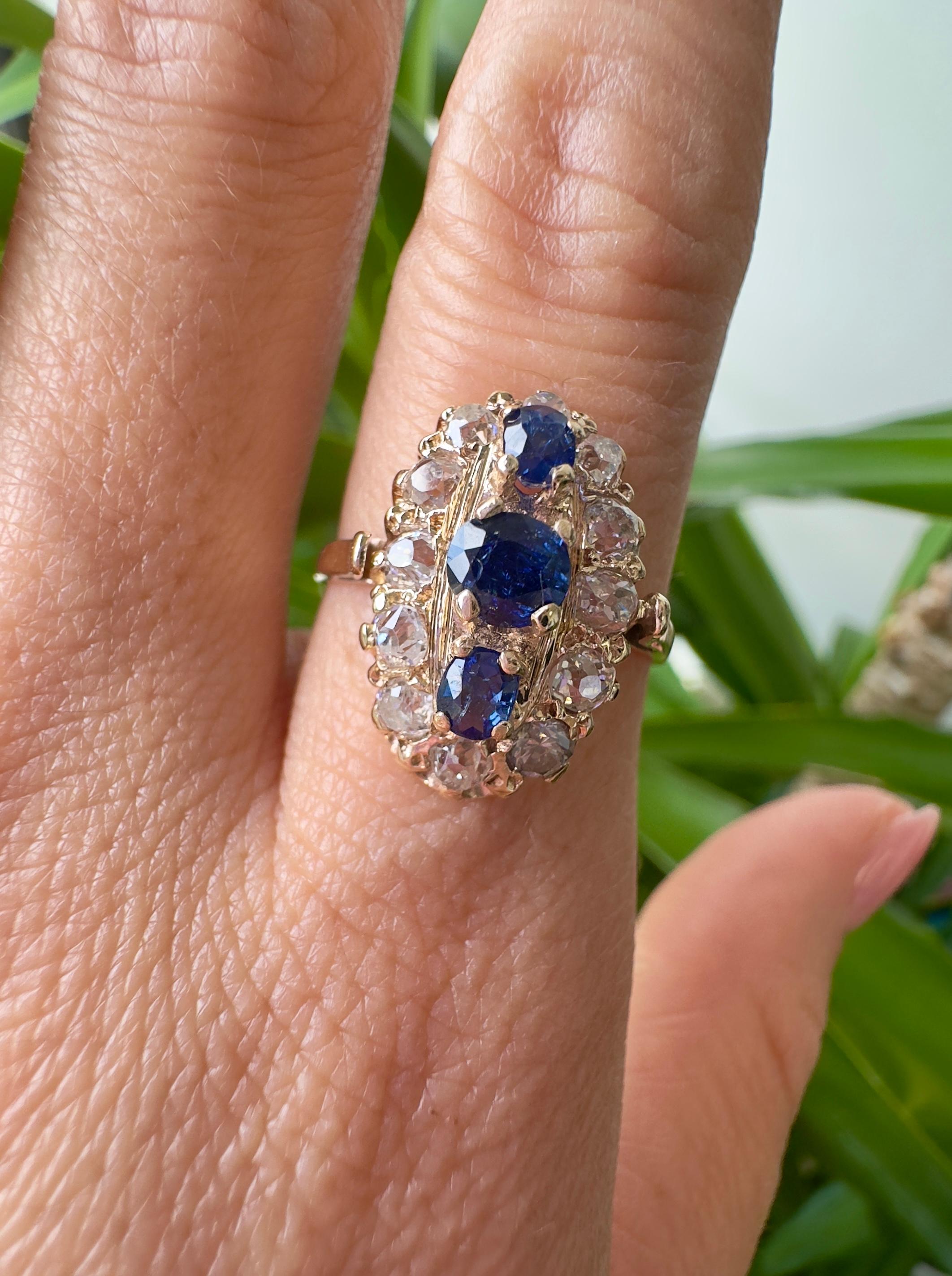 Saphir ancien et diamants taille ancienne en or jaune 10K Pour femmes en vente