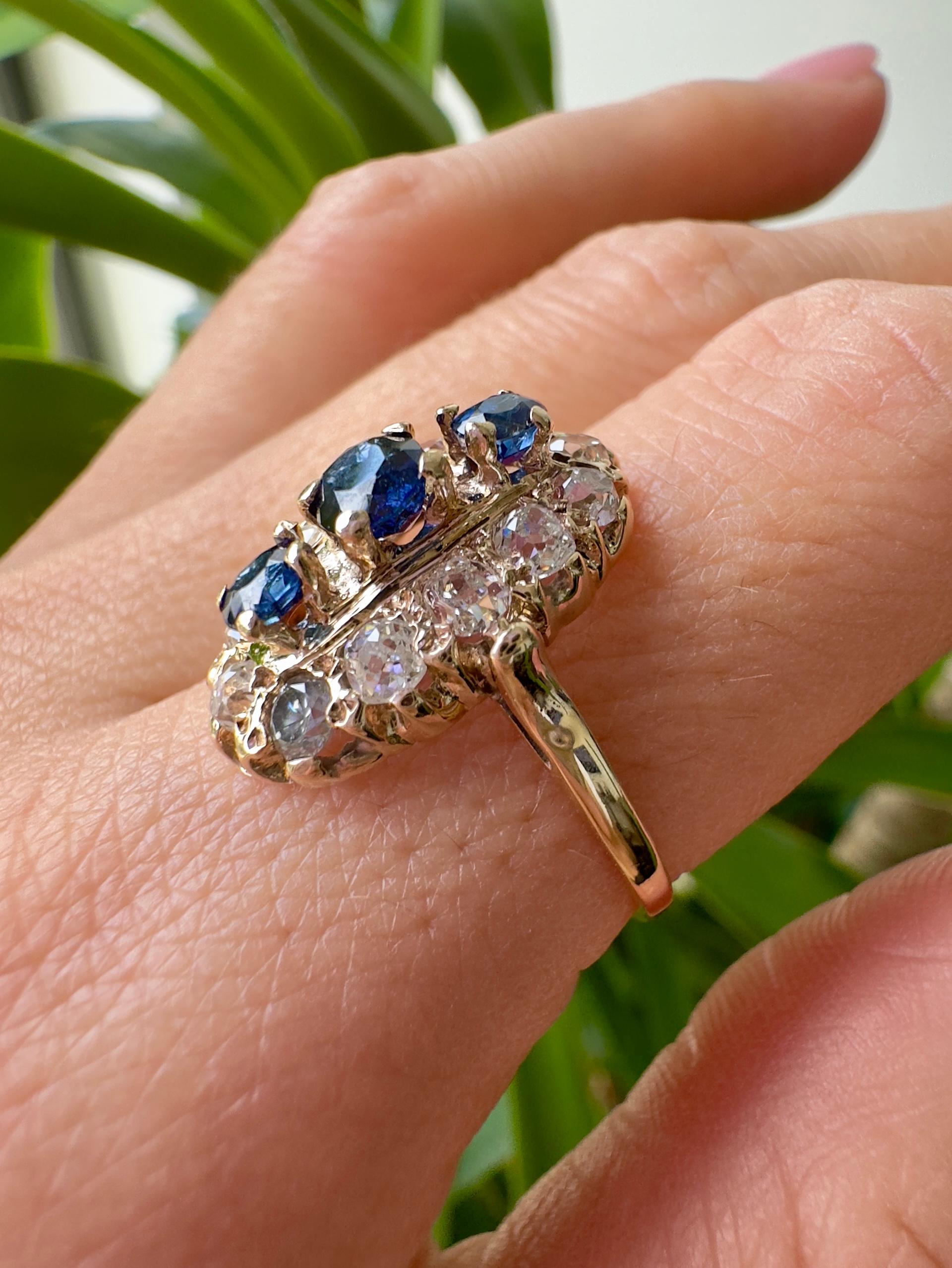 Saphir ancien et diamants taille ancienne en or jaune 10K en vente 1