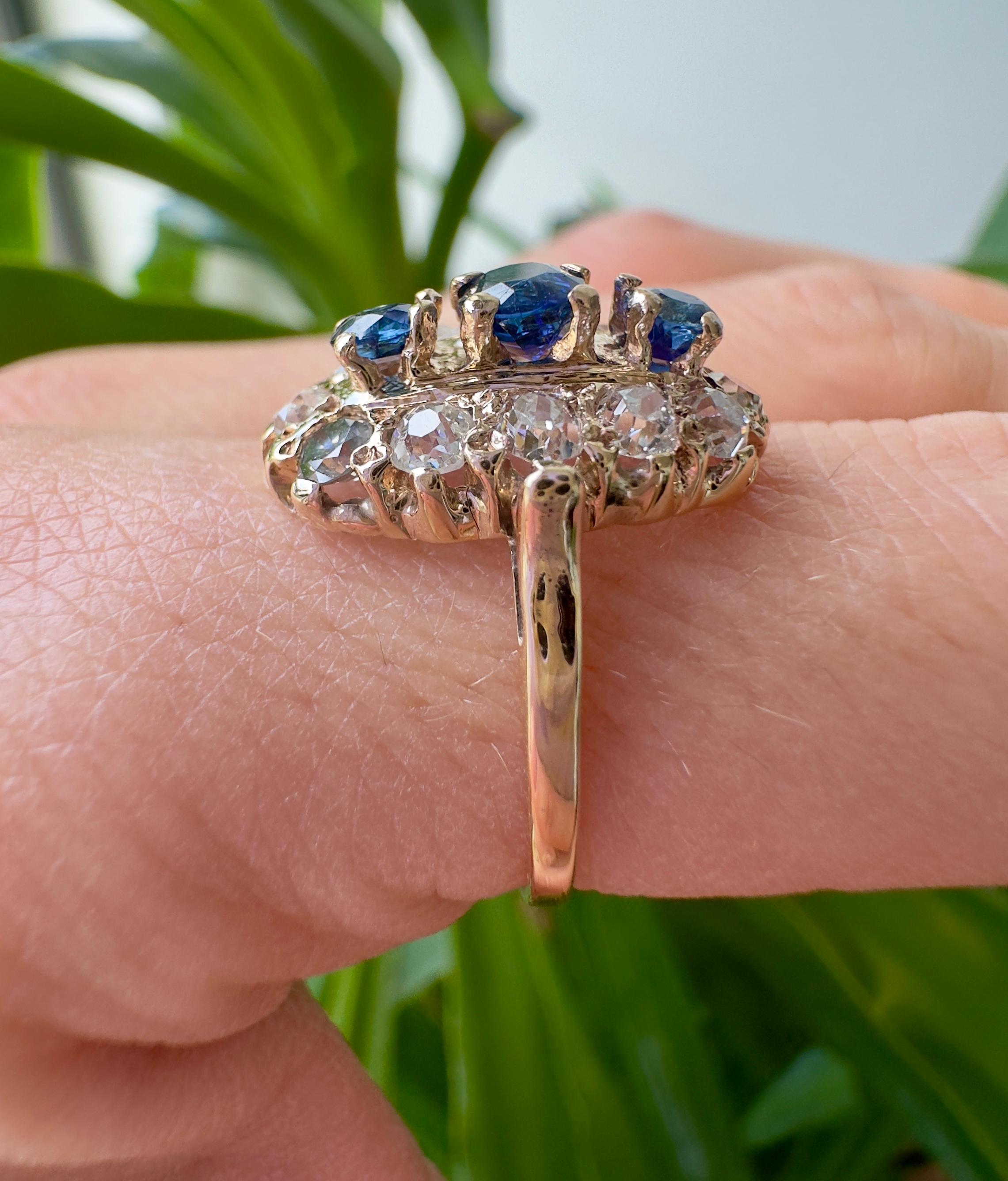 Saphir ancien et diamants taille ancienne en or jaune 10K en vente 2