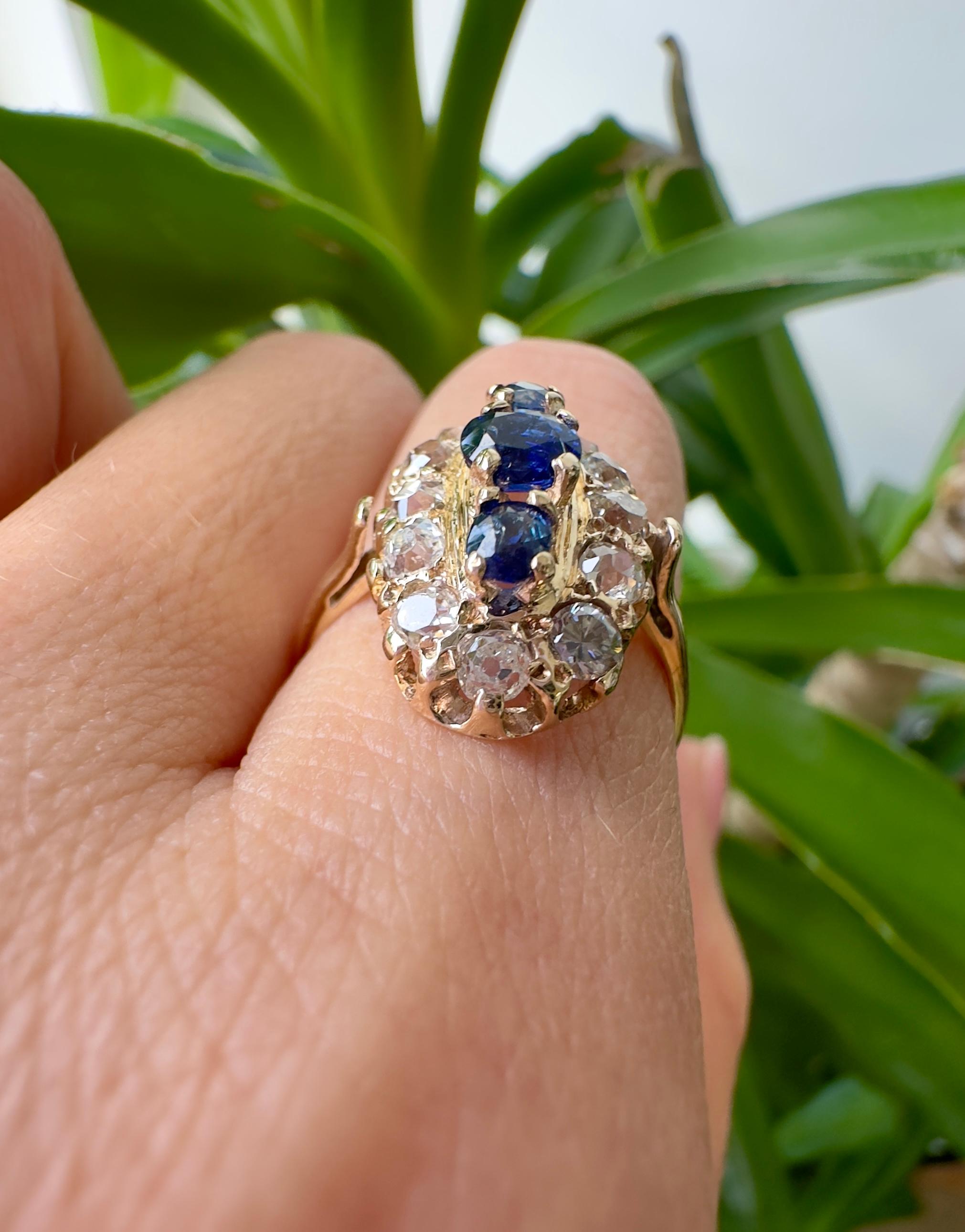 Saphir ancien et diamants taille ancienne en or jaune 10K en vente 3