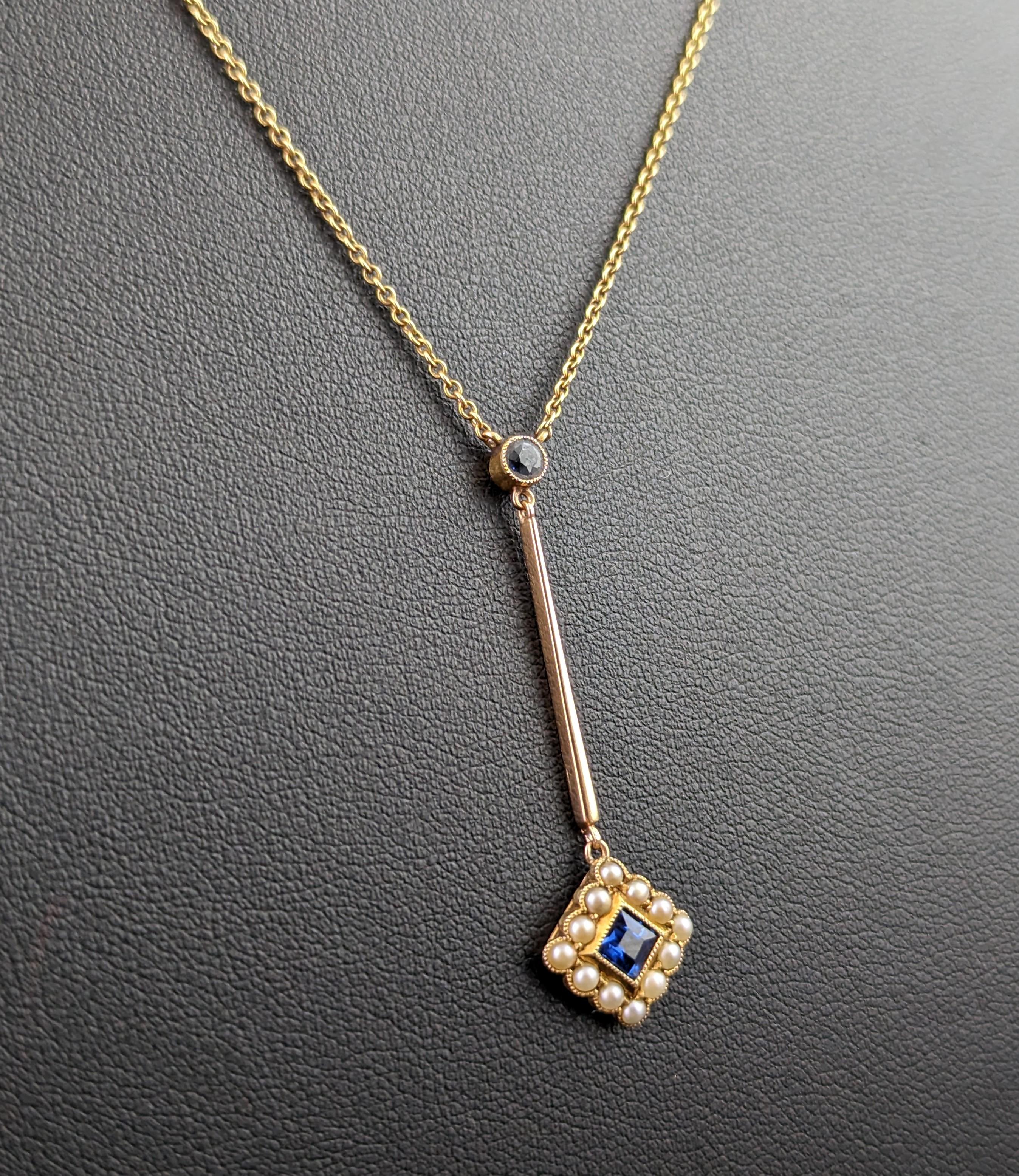 Antique Sapphire and Pearl drop pendant necklace, 15k yellow gold  4