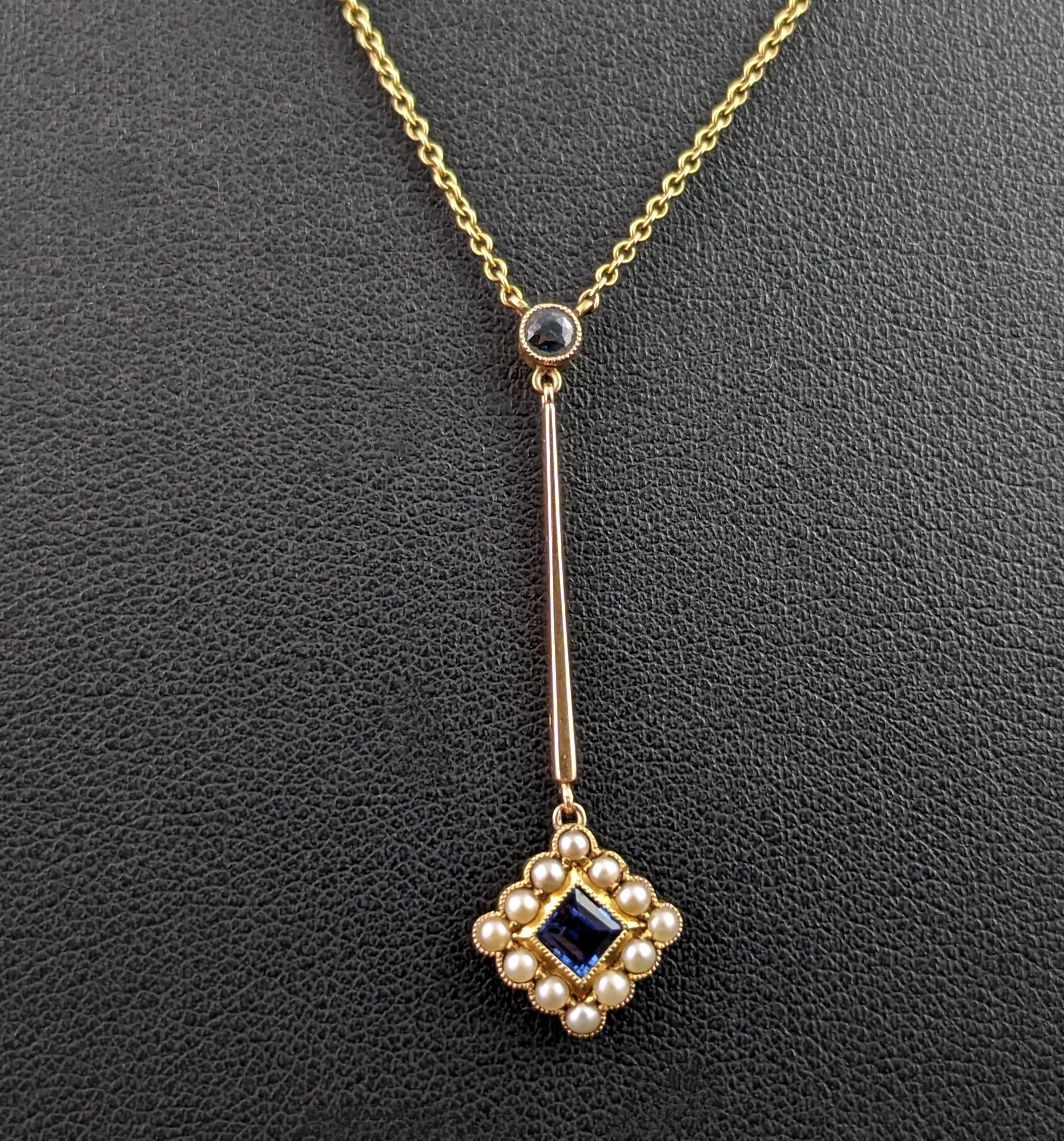 Antique Sapphire and Pearl drop pendant necklace, 15k yellow gold  5