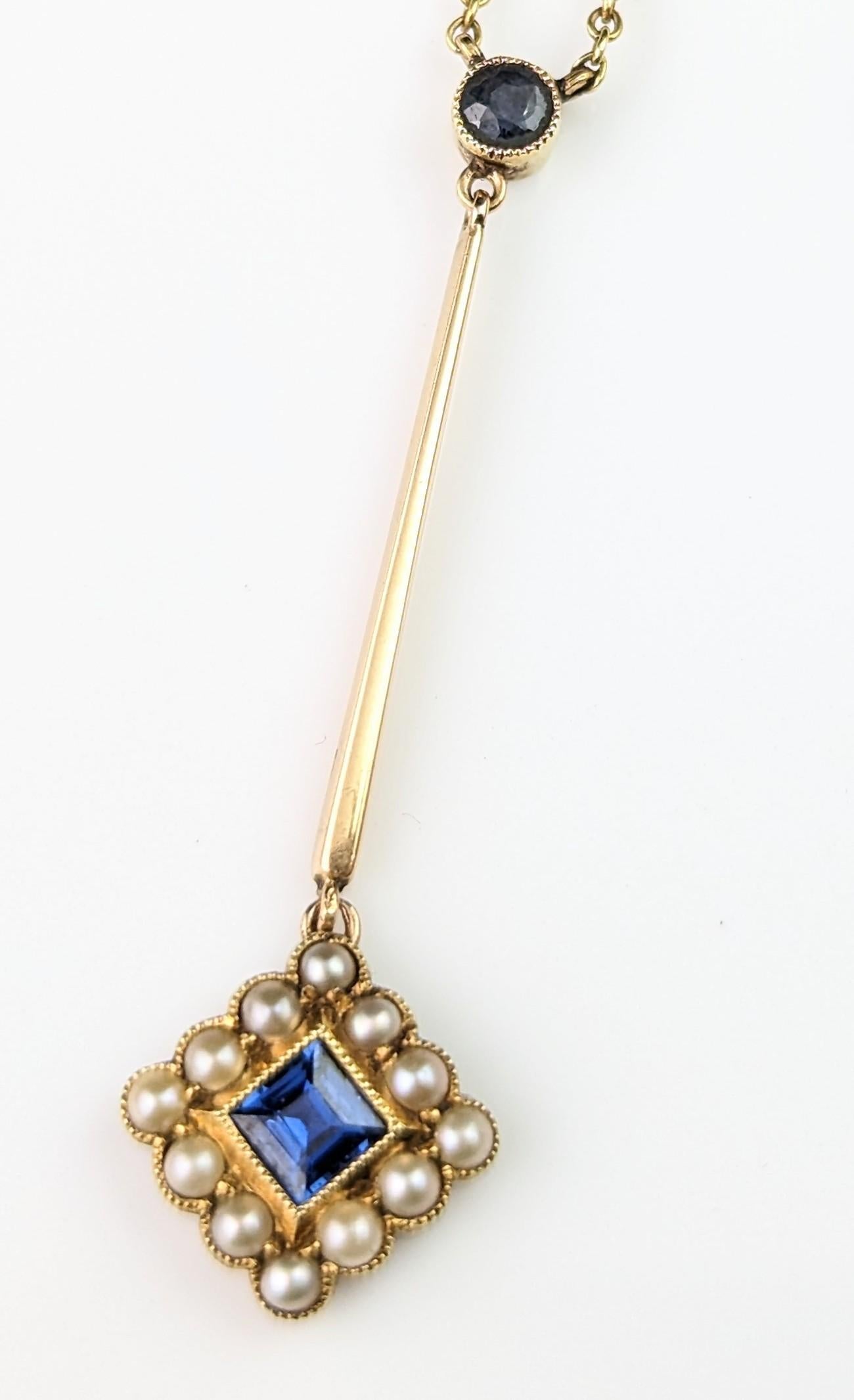 Antique Sapphire and Pearl drop pendant necklace, 15k yellow gold  6