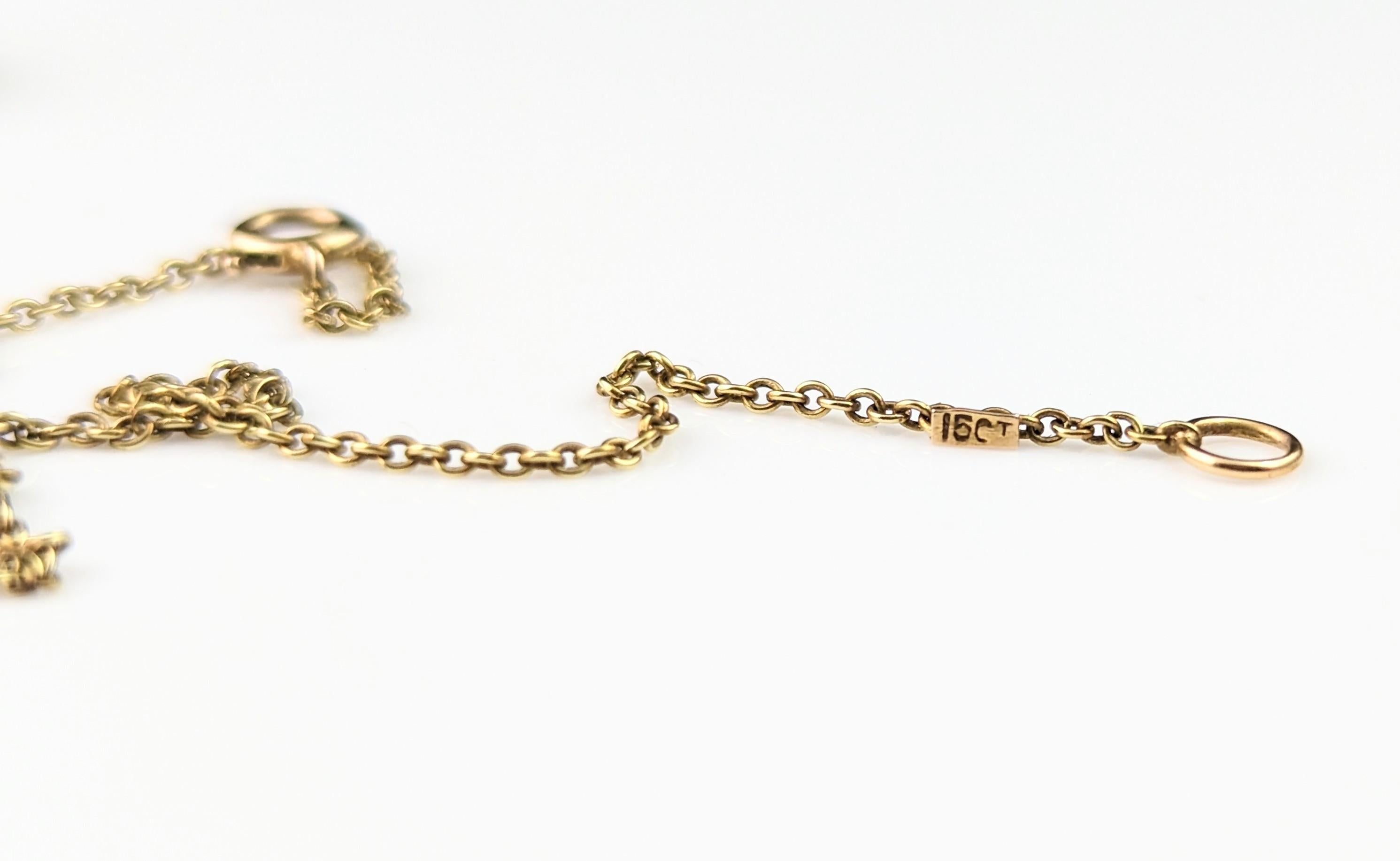 Antike Saphir- und Perlen-Tropfen-Anhänger-Halskette, 15k Gelbgold  7