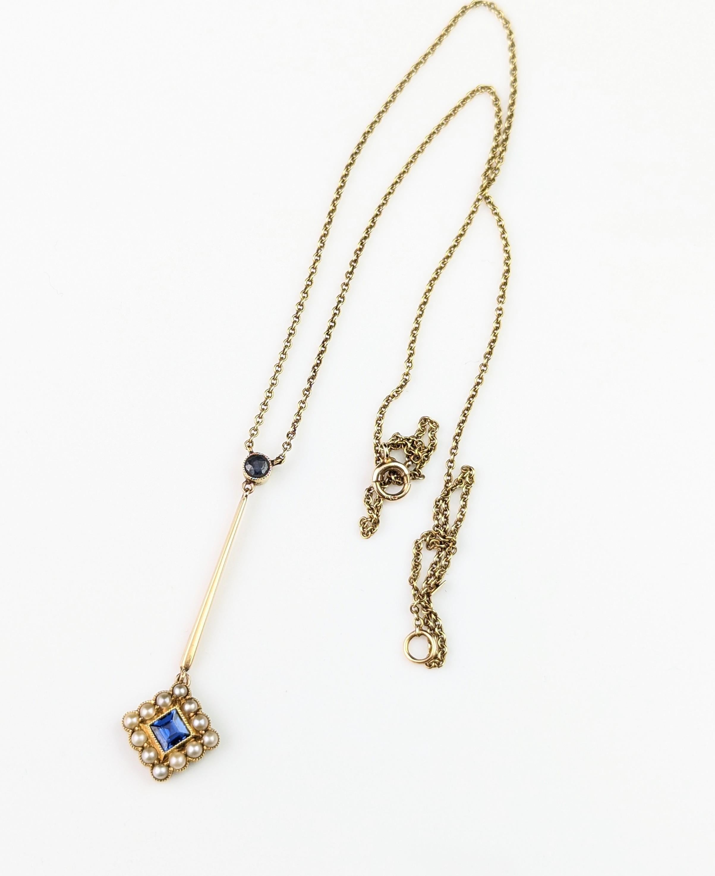Antike Saphir- und Perlen-Tropfen-Anhänger-Halskette, 15k Gelbgold  8