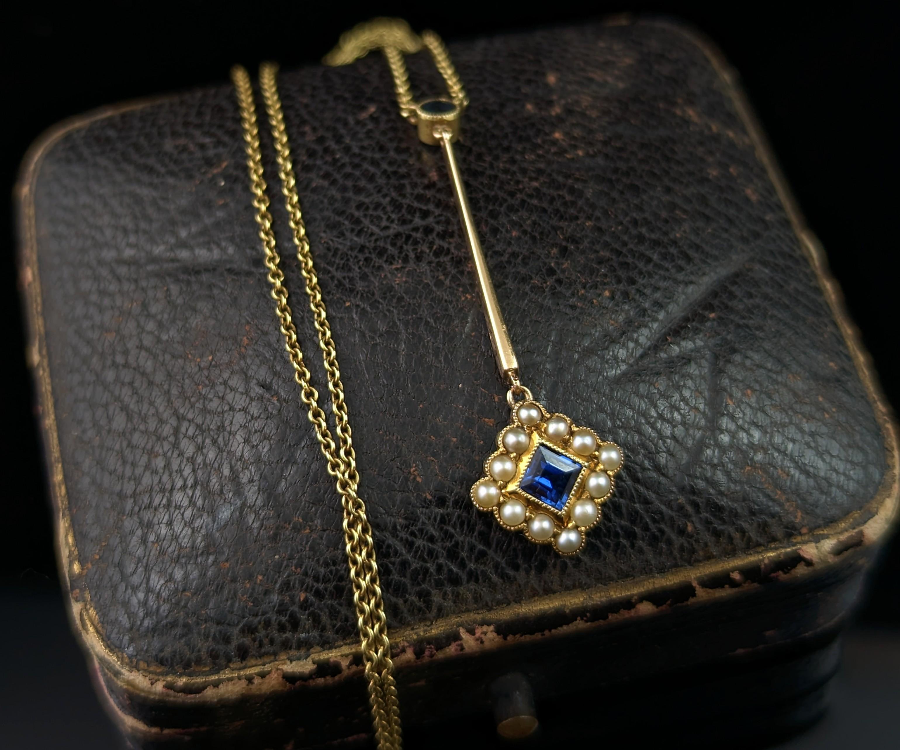Antike Saphir- und Perlen-Tropfen-Anhänger-Halskette, 15k Gelbgold  (Edwardian)