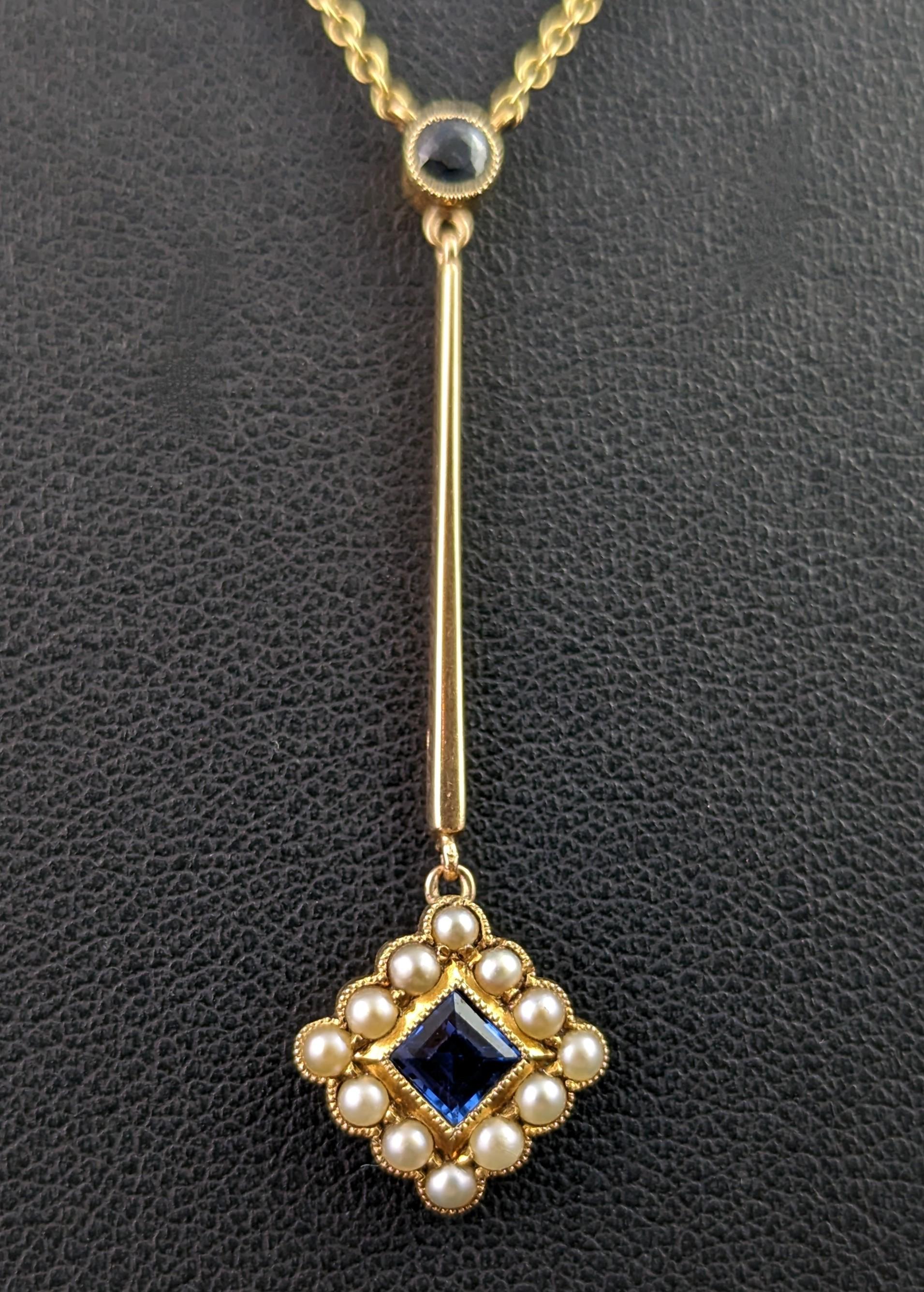 French Cut Antique Sapphire and Pearl drop pendant necklace, 15k yellow gold 