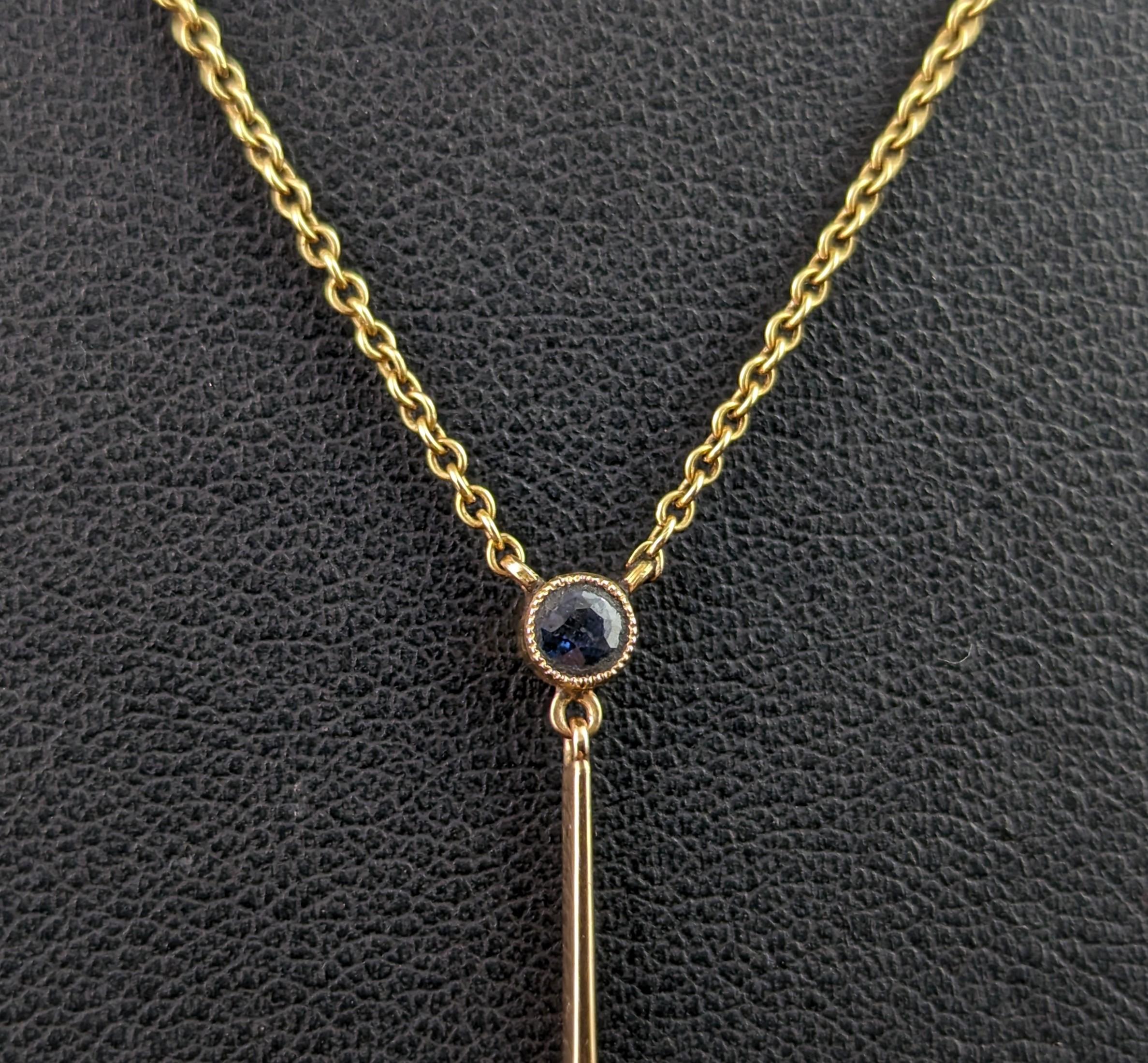 Antique Sapphire and Pearl drop pendant necklace, 15k yellow gold  In Good Condition In NEWARK, GB