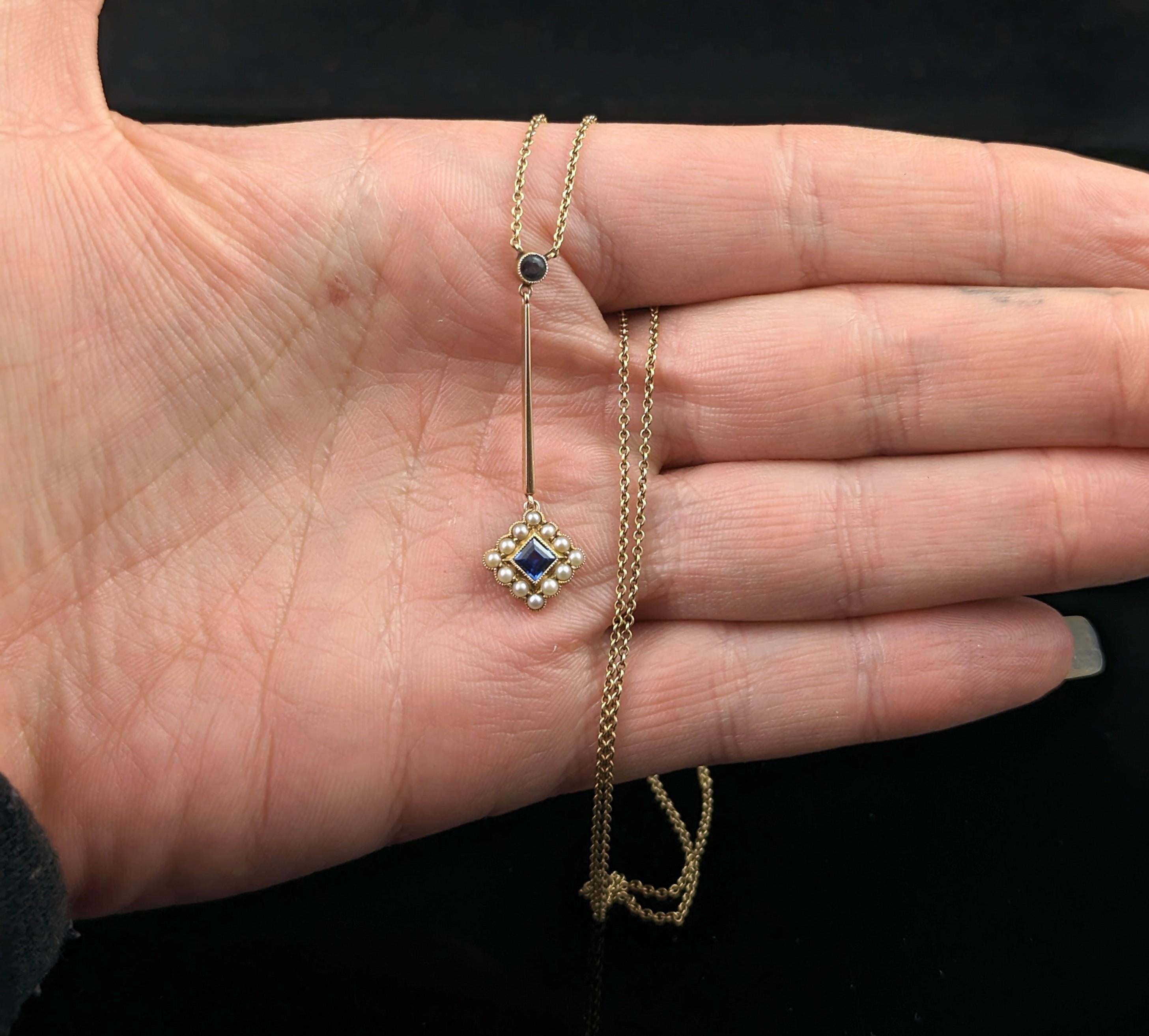 Antike Saphir- und Perlen-Tropfen-Anhänger-Halskette, 15k Gelbgold  1