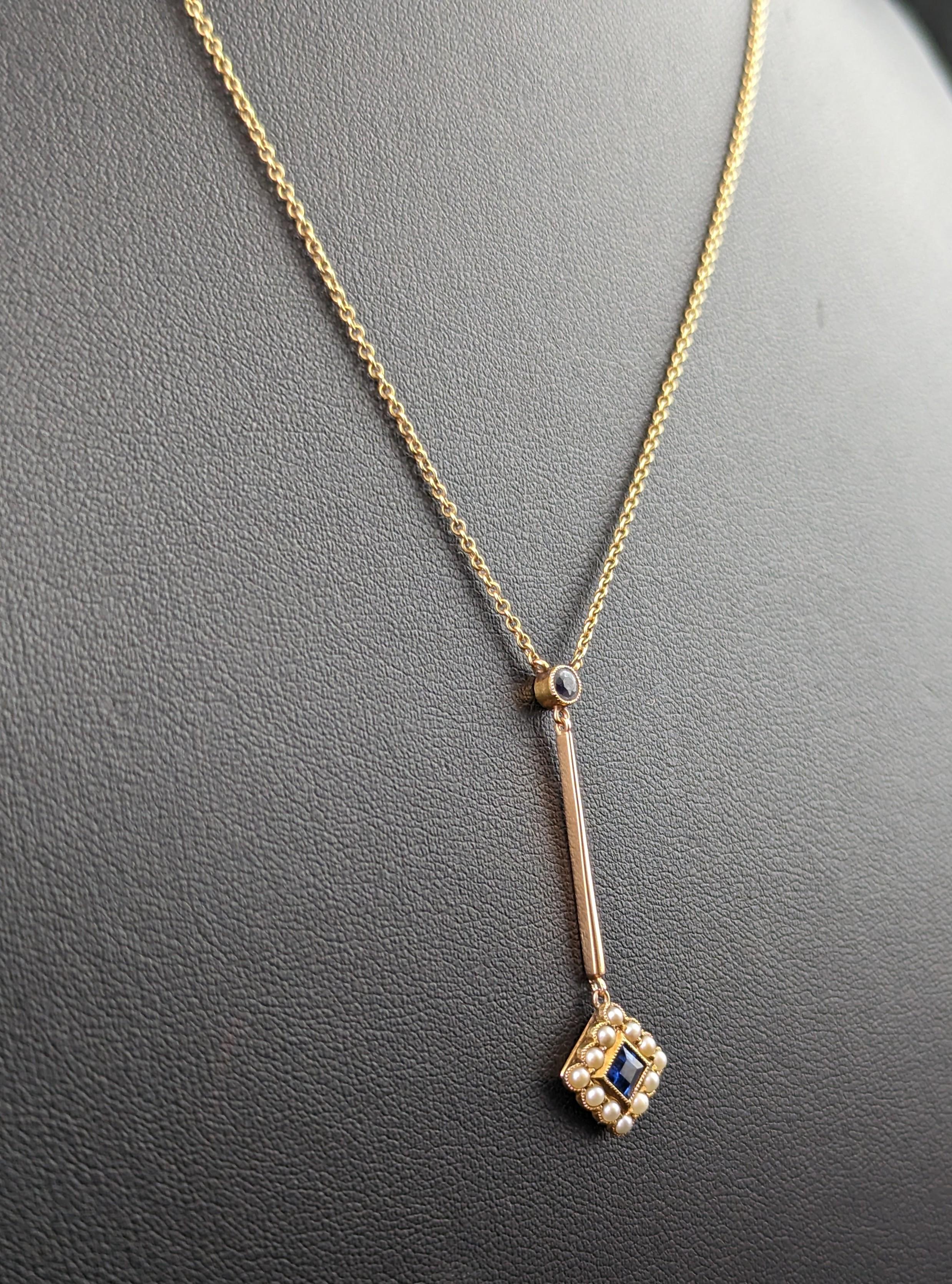 Antique Sapphire and Pearl drop pendant necklace, 15k yellow gold  2