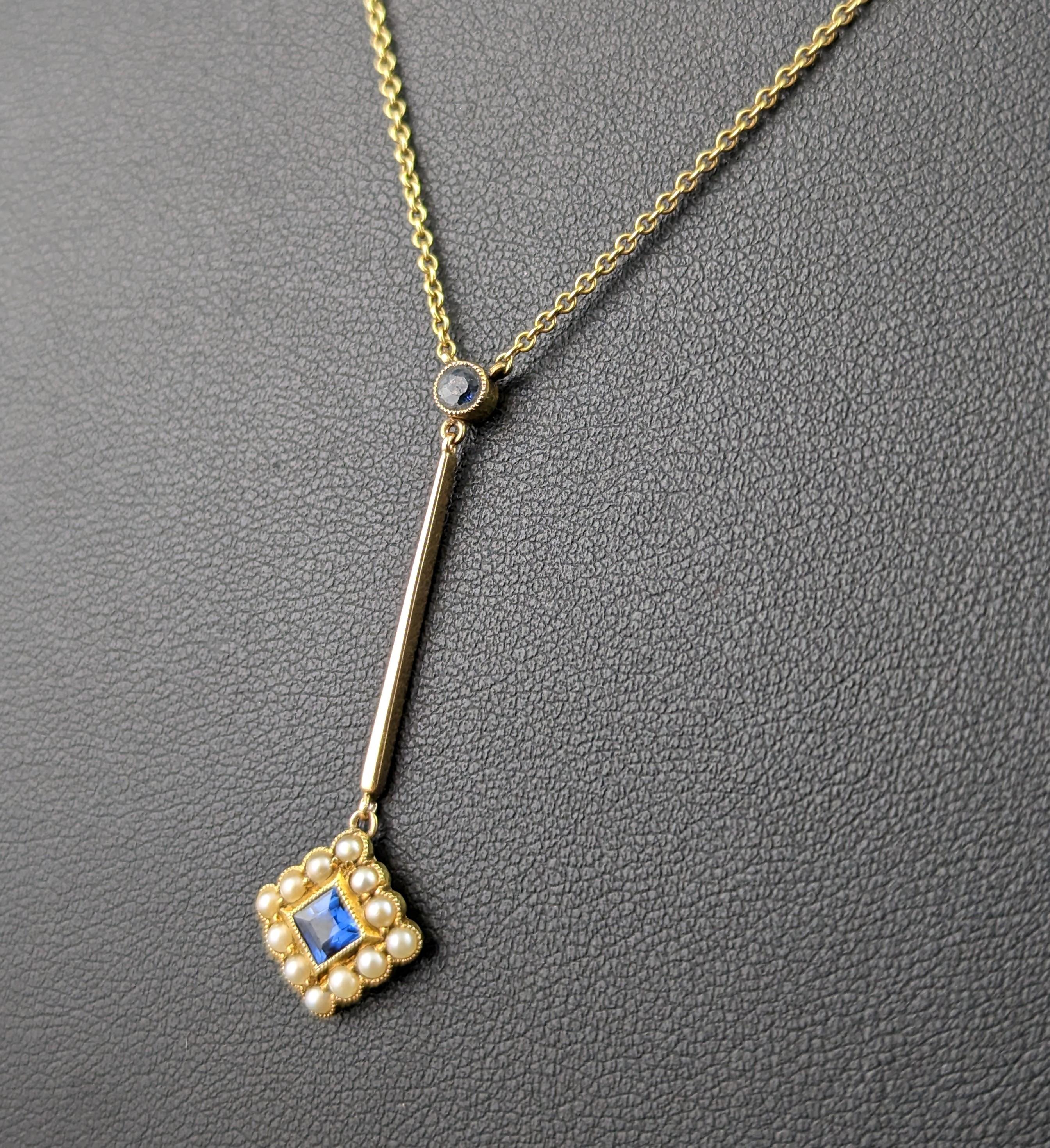 Antique Sapphire and Pearl drop pendant necklace, 15k yellow gold  3