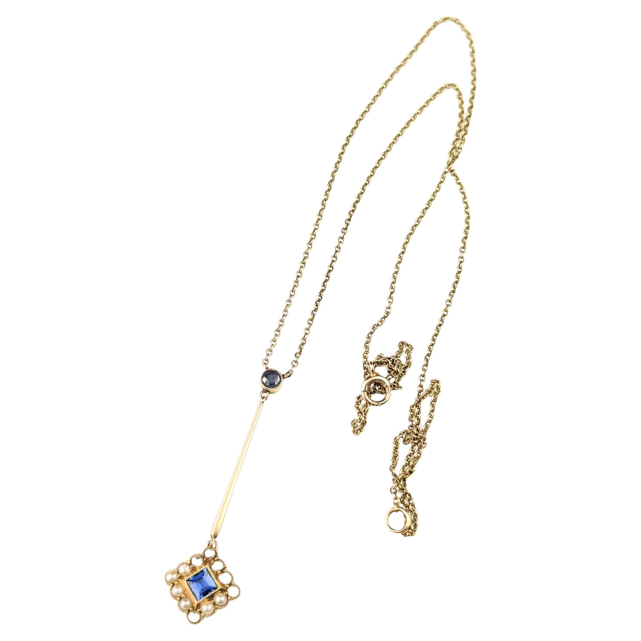 Antike Saphir- und Perlen-Tropfen-Anhänger-Halskette, 15k Gelbgold 
