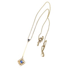 Antique Sapphire and Pearl drop pendant necklace, 15k yellow gold 