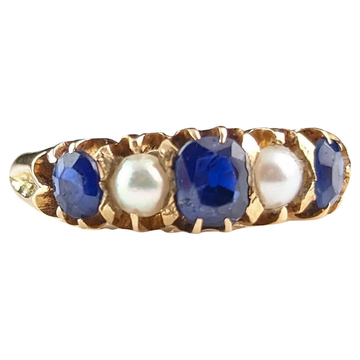 Antique Sapphire and Pearl five stone ring, 18k yellow gold, Victorian  For Sale